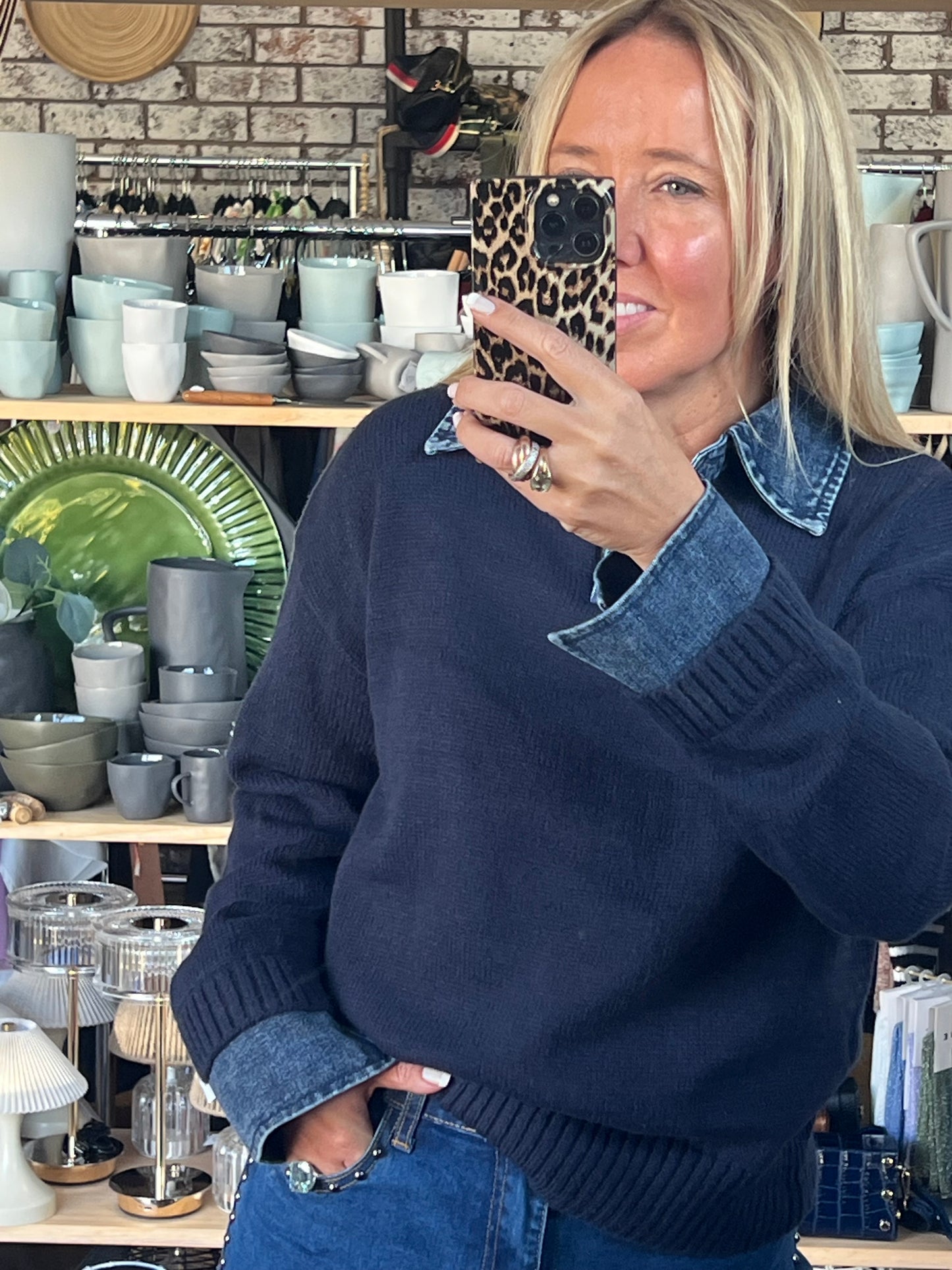 Denim Collar & Cuff Polo Knit