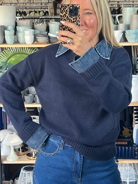 Denim Collar & Cuff Polo Knit