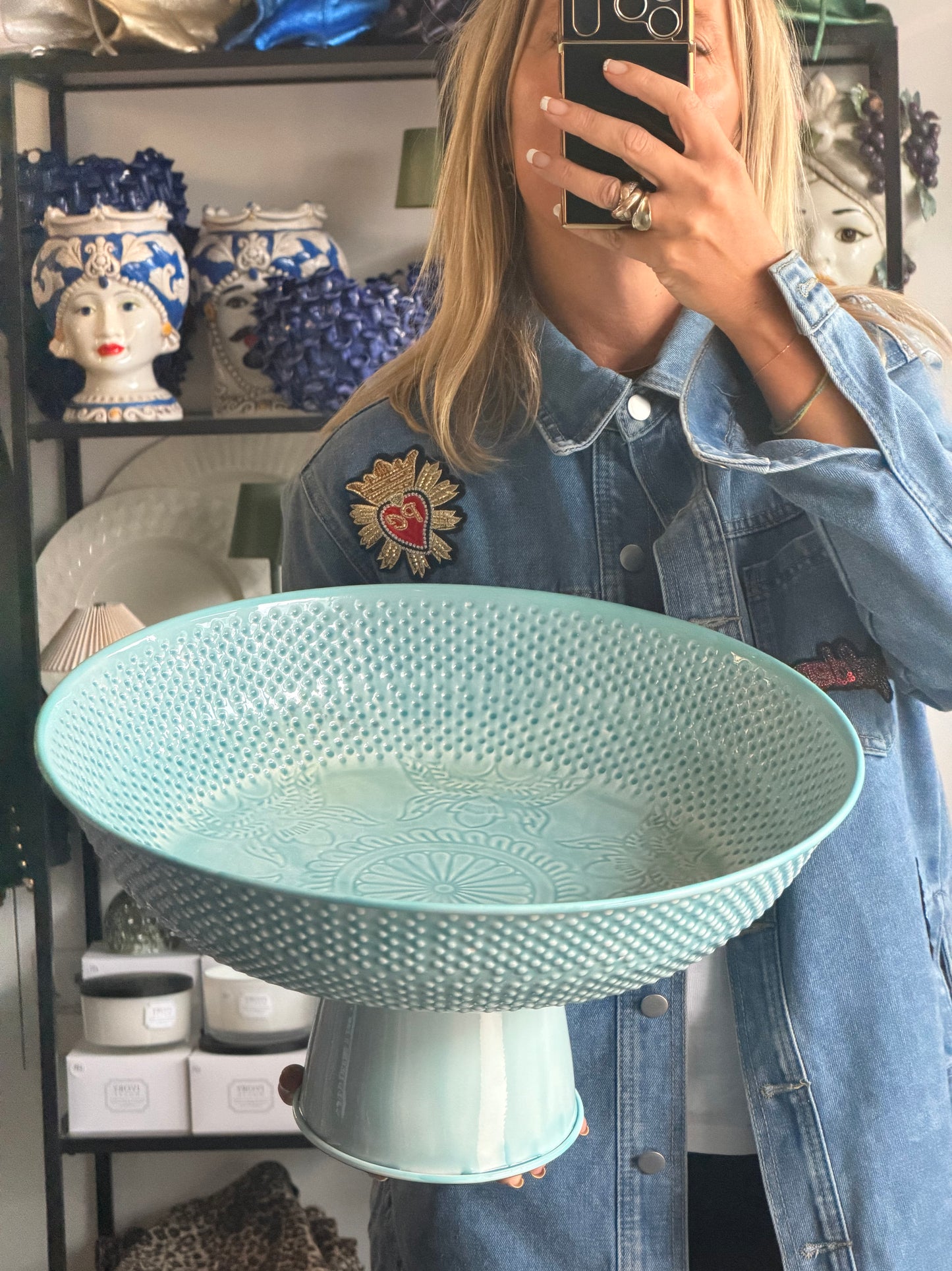 XL Footed Glazed Tin Platter- blue