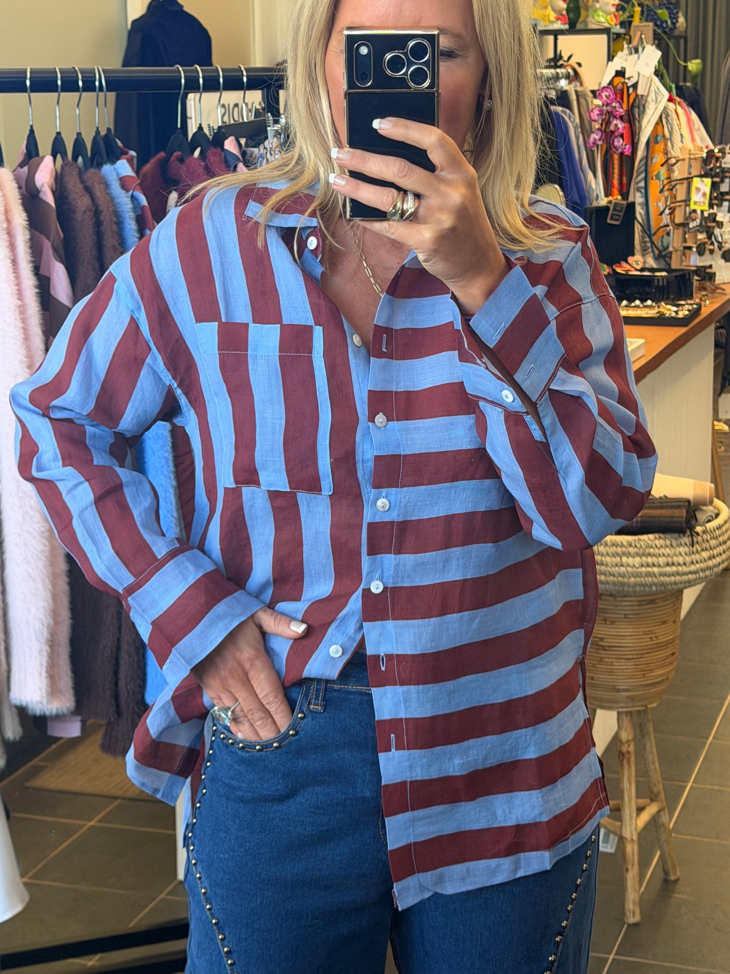 Riviera Stripe LInen Shirt - blue & berry