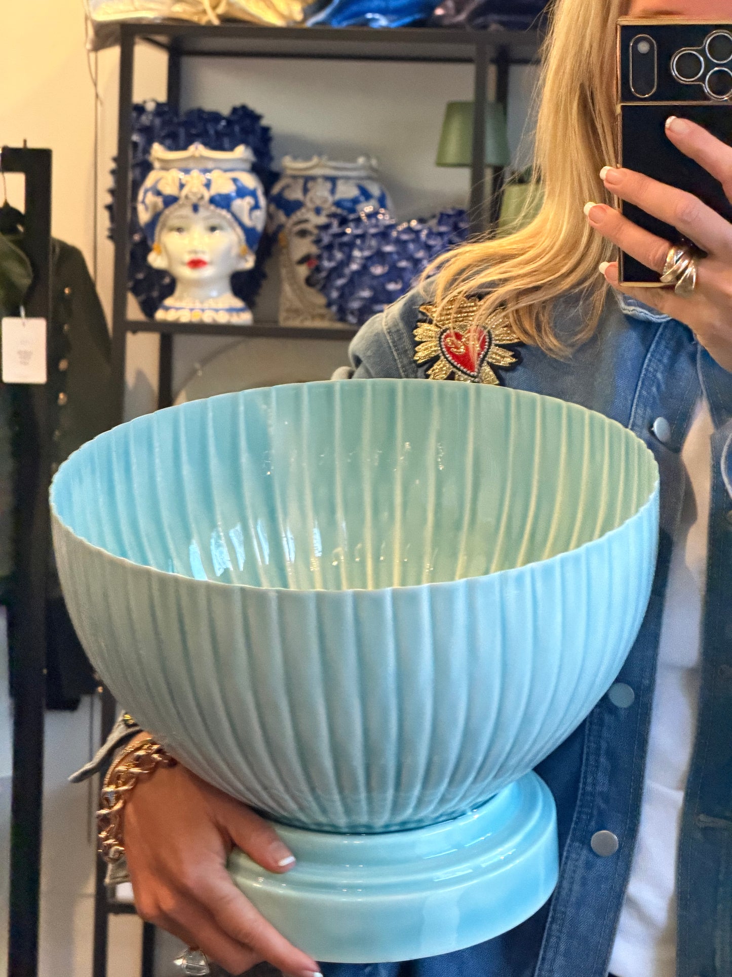 XL Footed Glazed Tin Ice Bucket-  blue