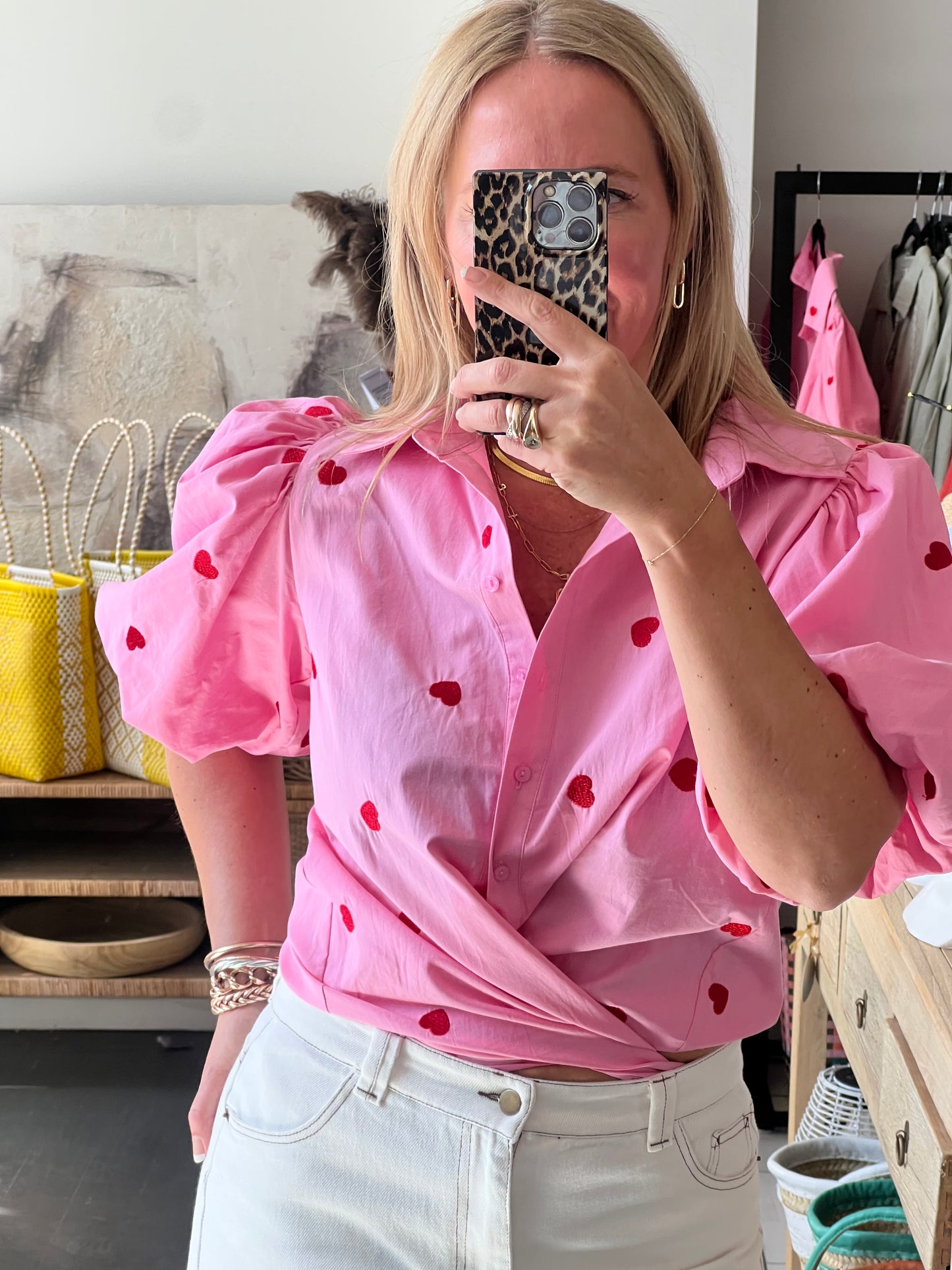 Hearts Puff Sleeve Cotton Shirt Top