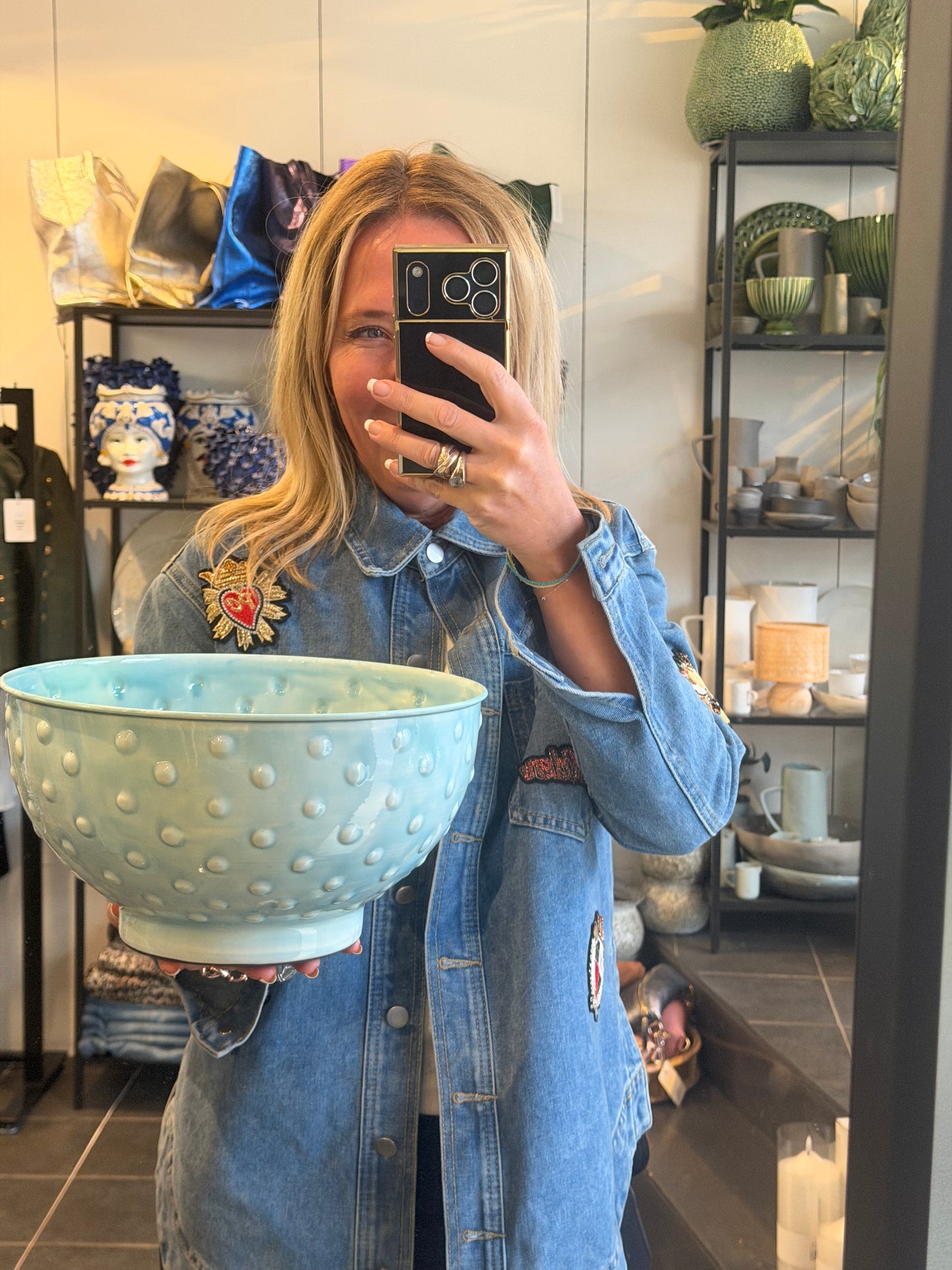 Footed Glazed Tin Bowl- blue