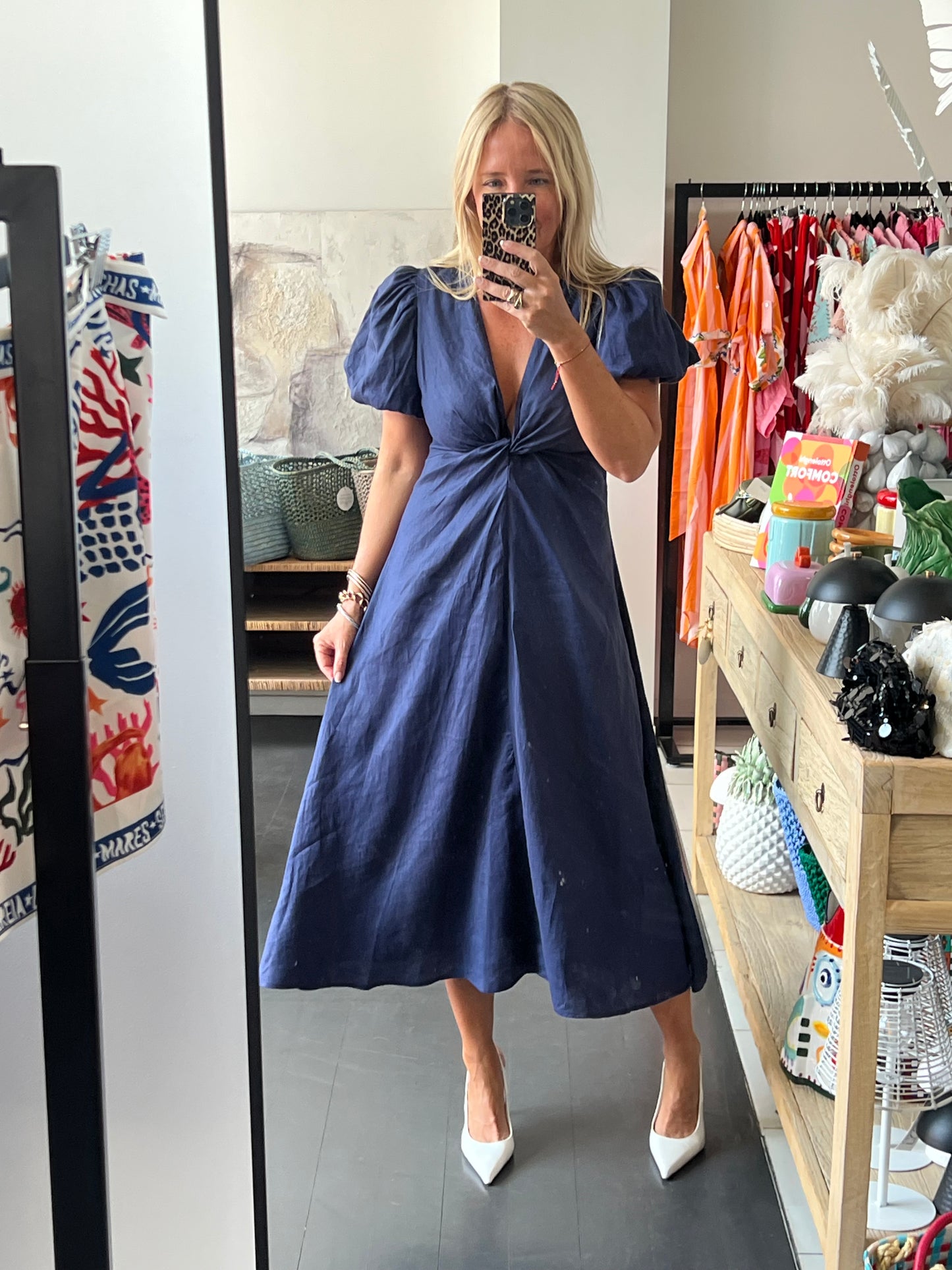 Puff Sleeve Midi Dress - navy
