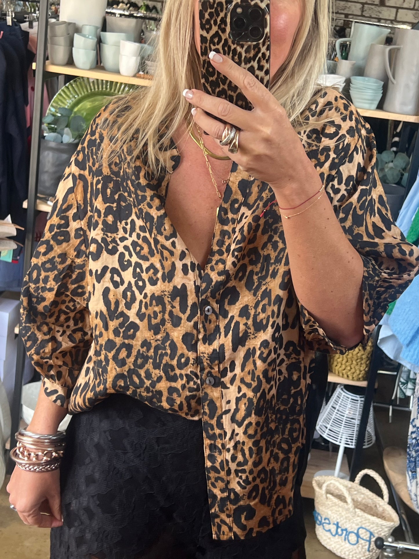 Fine Linen Shirt Travel Top - leopard