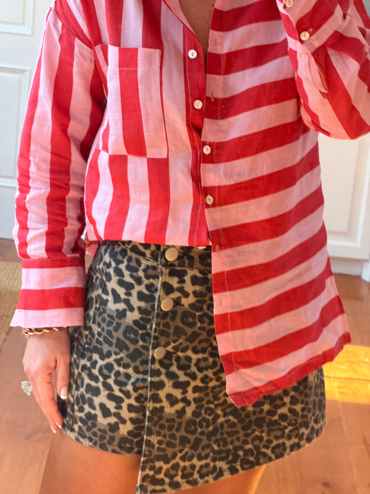 Riviera Stripe LInen Shirt - pink & red