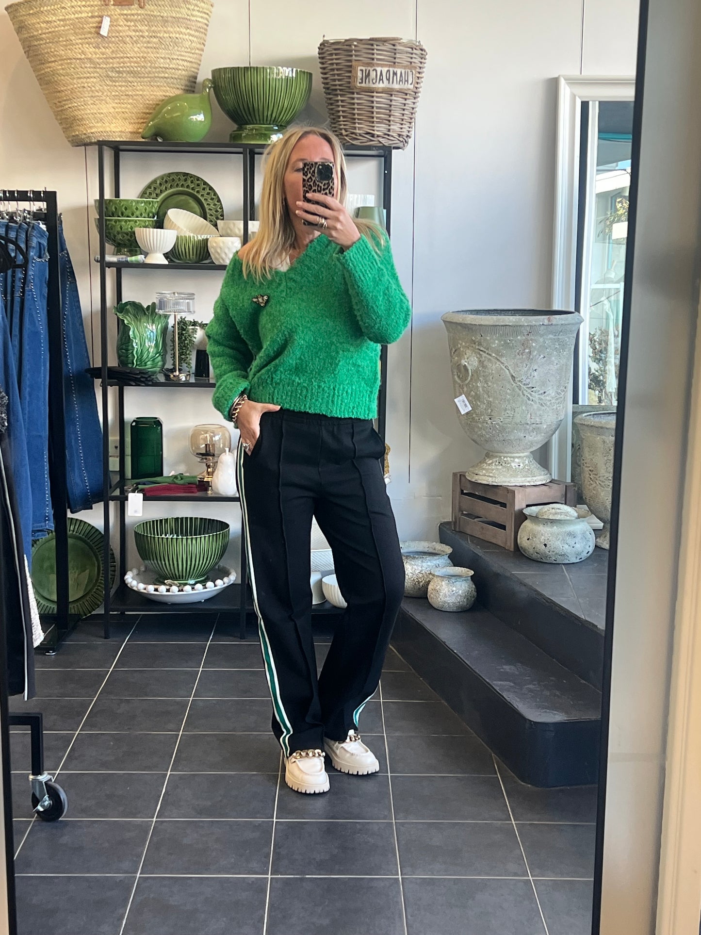 Pinstripe Ponti Pintuck Pants- green stripe