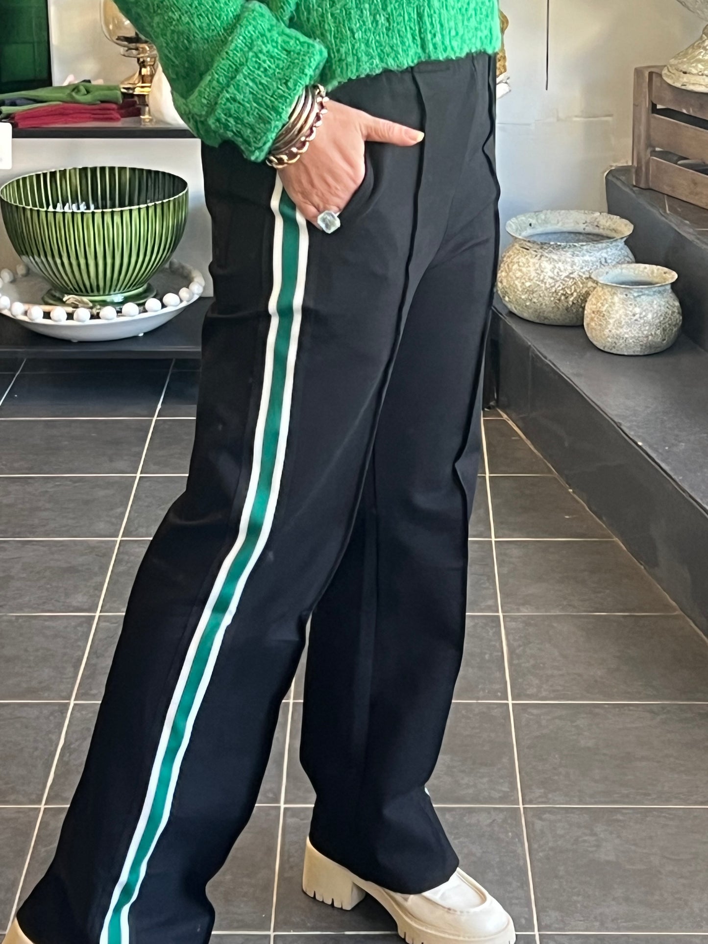 Pinstripe Ponti Pintuck Pants- green stripe