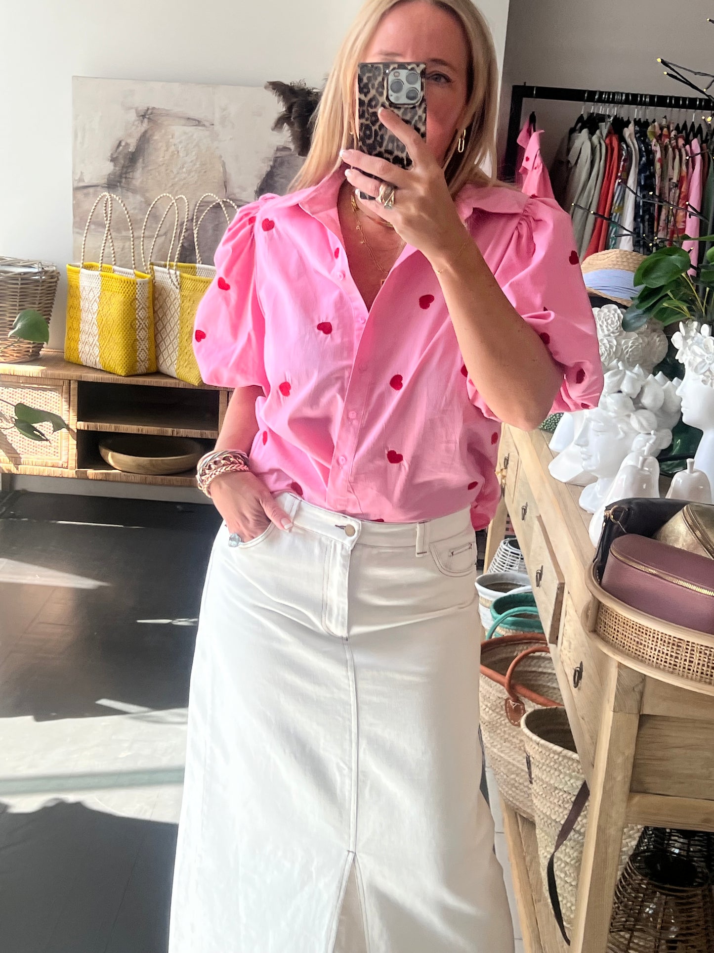 Hearts Puff Sleeve Cotton Shirt Top