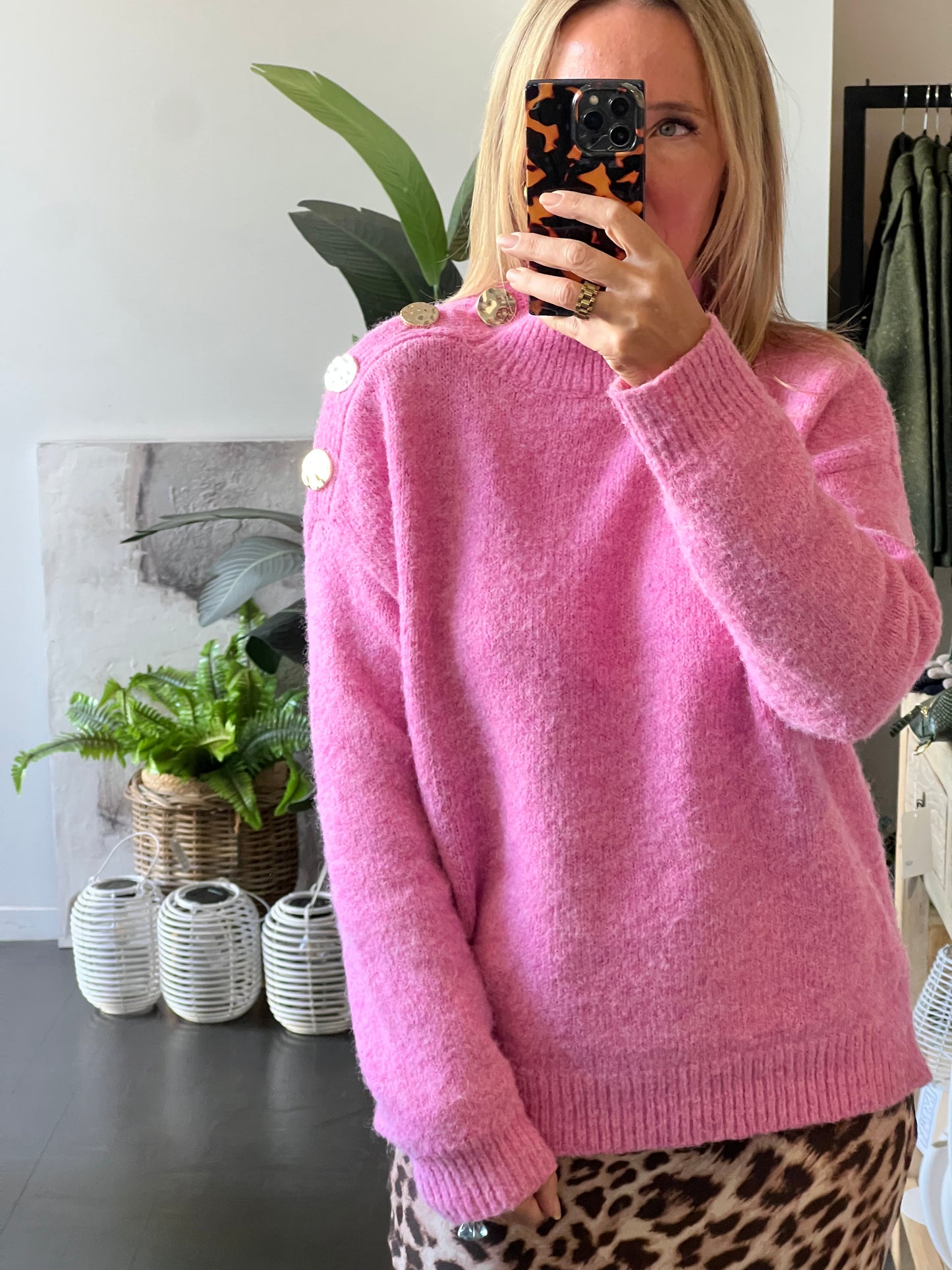 Gold Button Neck Jumper - pink