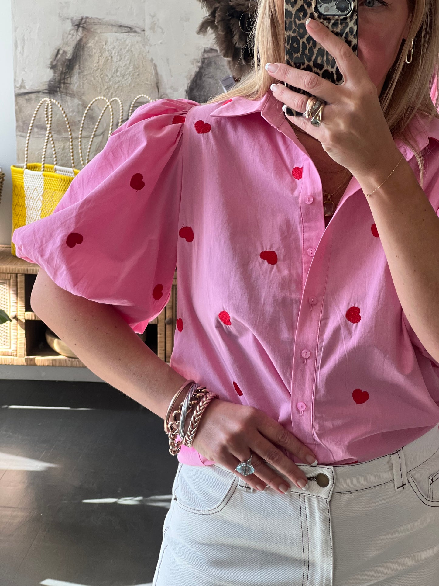Hearts Puff Sleeve Cotton Shirt Top