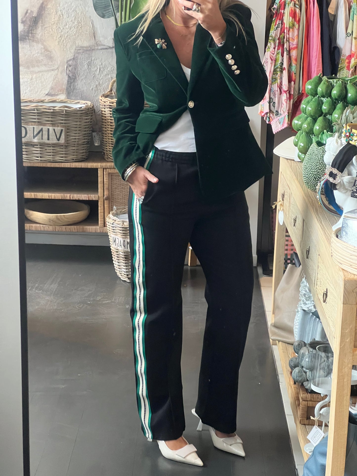 Pinstripe Ponti Pintuck Pants- green stripe