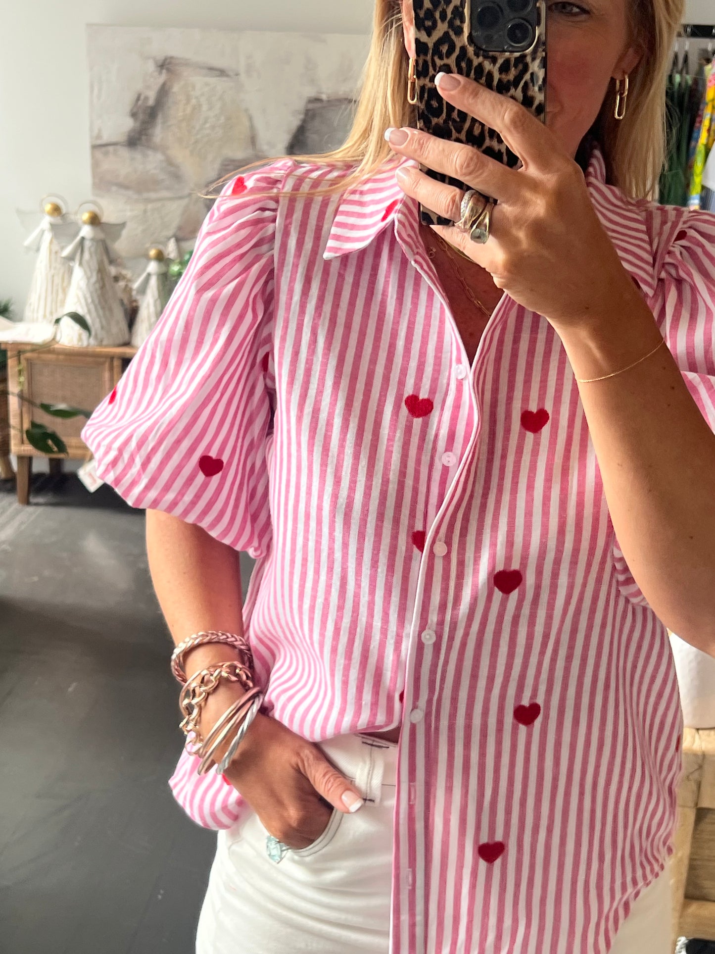 Hearts Puff Sleeve Cotton Shirt Top- pink