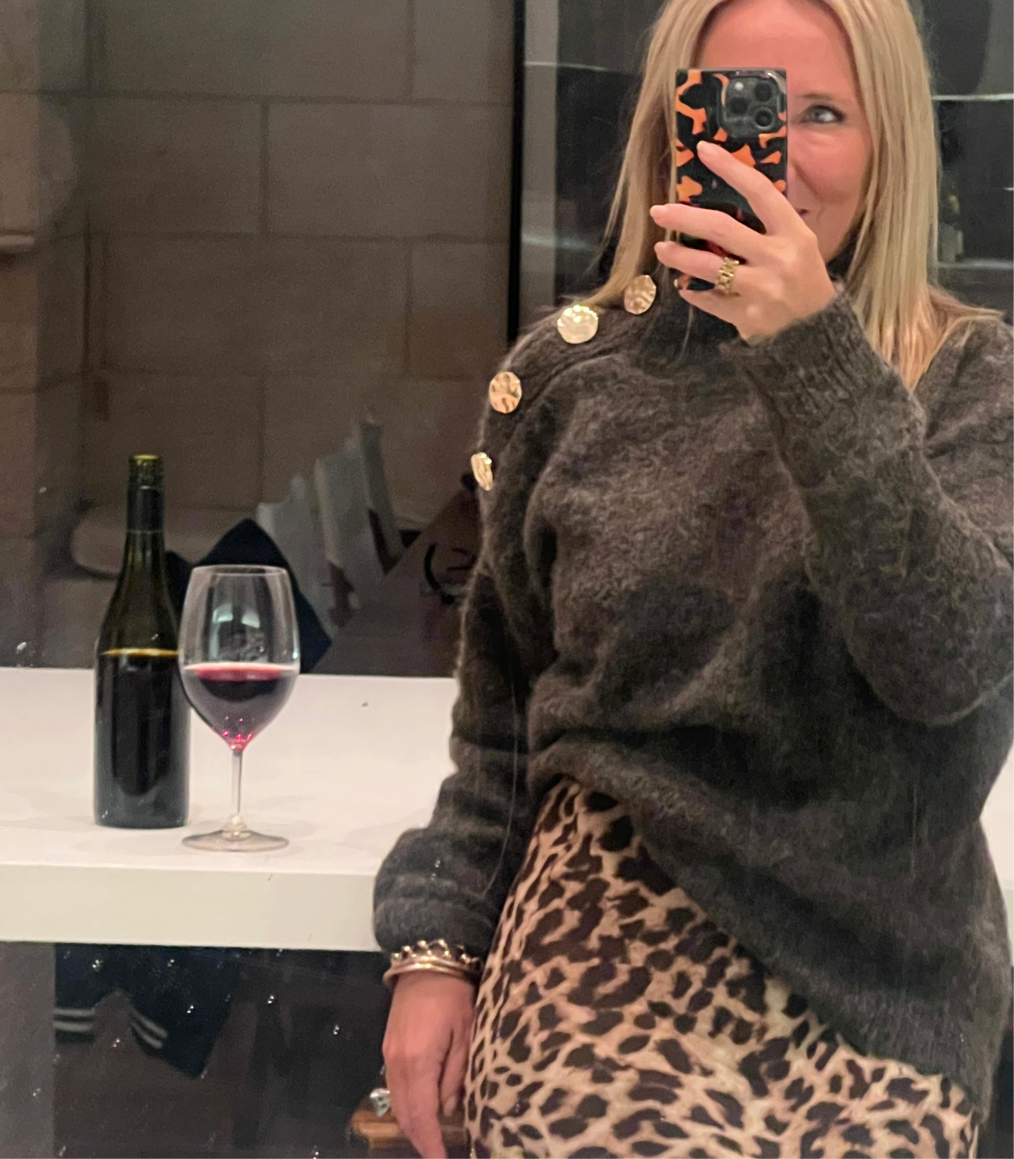 Gold Button Neck Jumper - chocolate brown