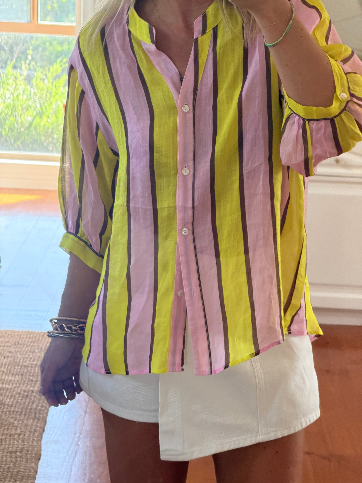 St Tropez Stripe Linen Shirt - yellow & pink