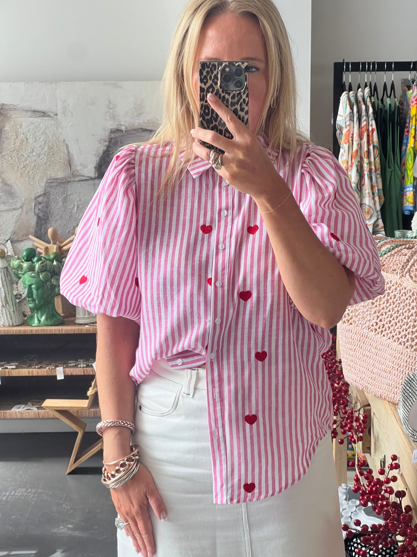 Hearts Puff Sleeve Cotton Shirt Top- pink