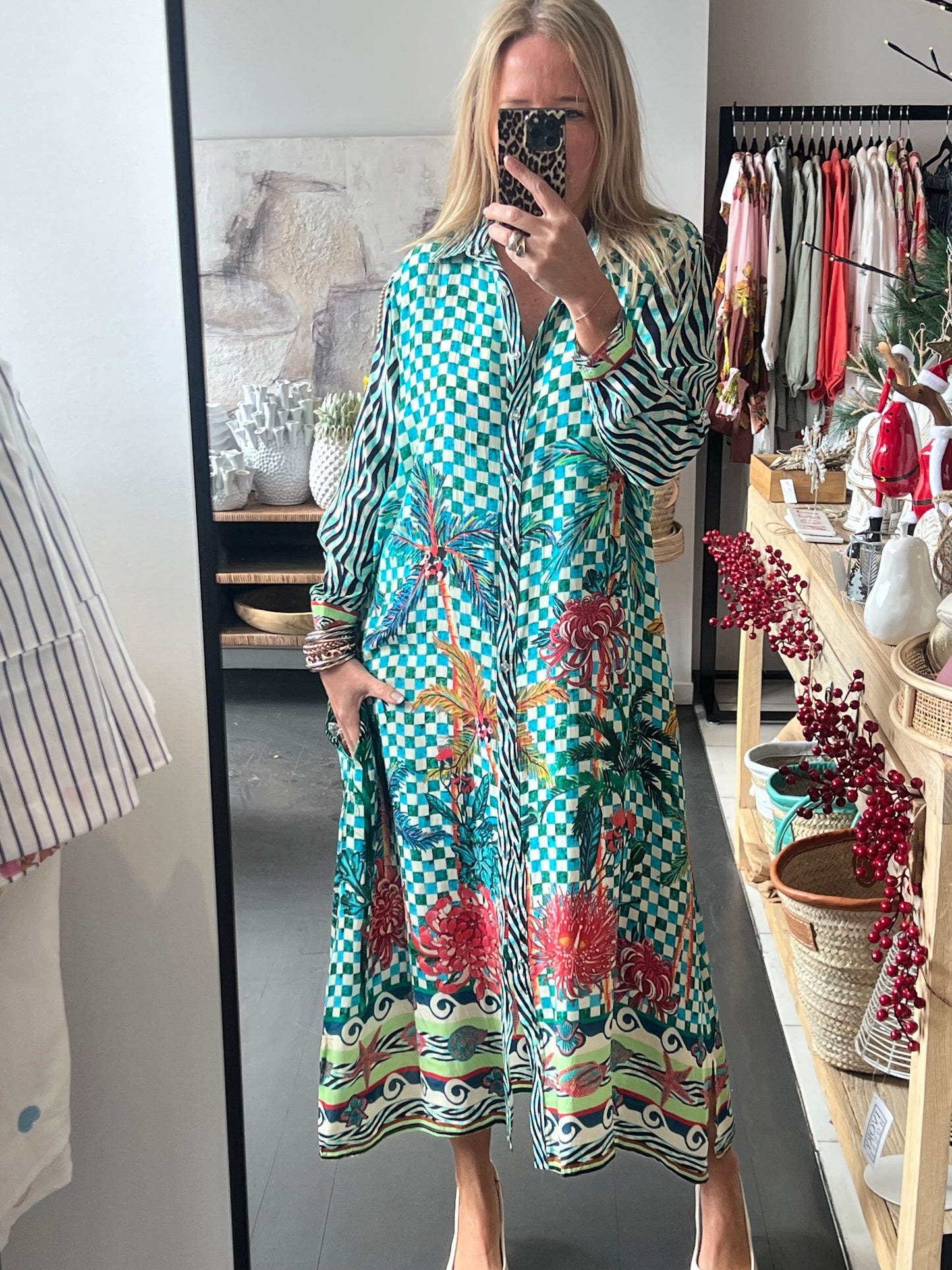 Slinky Floral Resort Shirt Dress -aqua