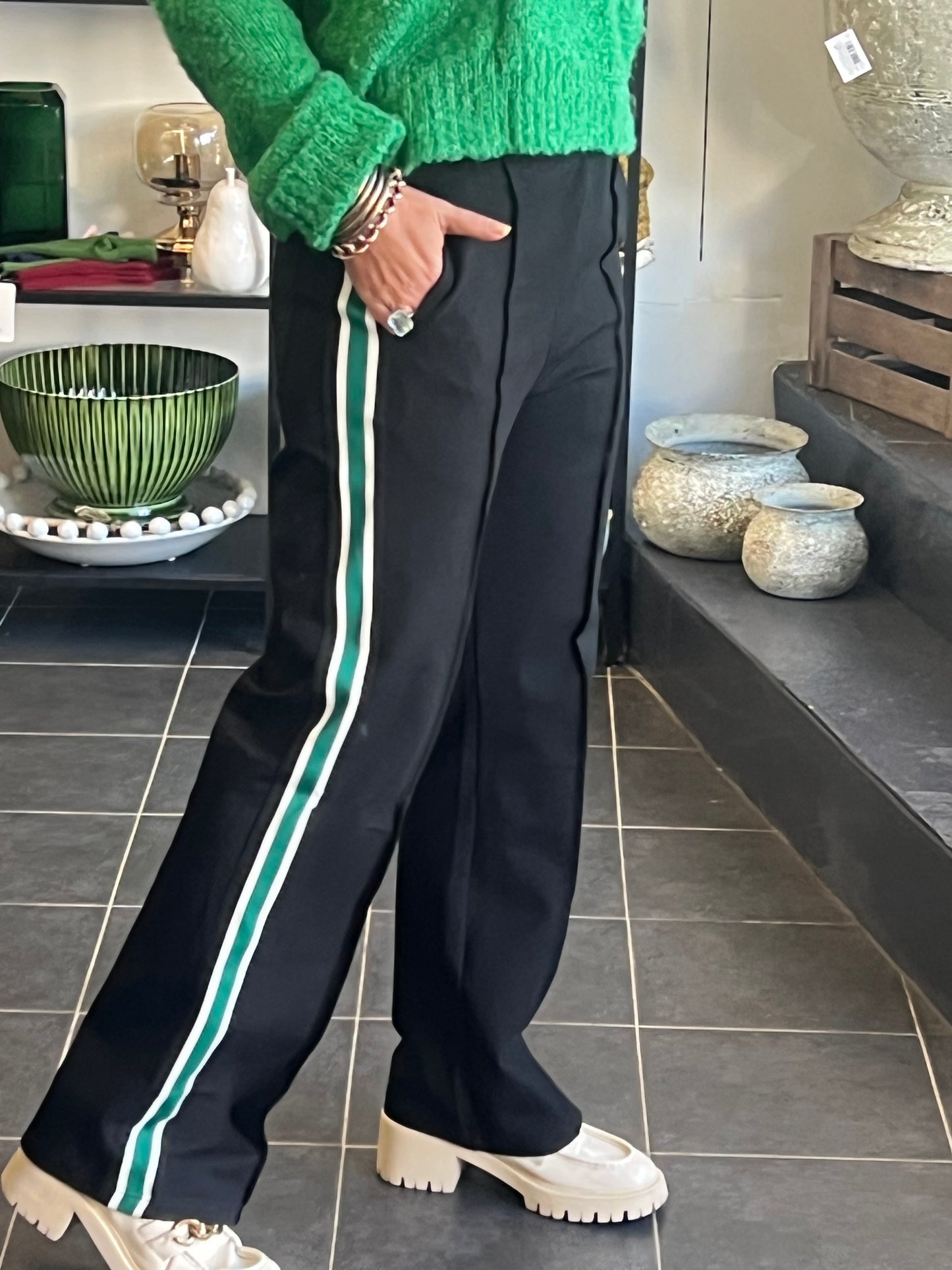Pinstripe Ponti Pintuck Pants- green stripe