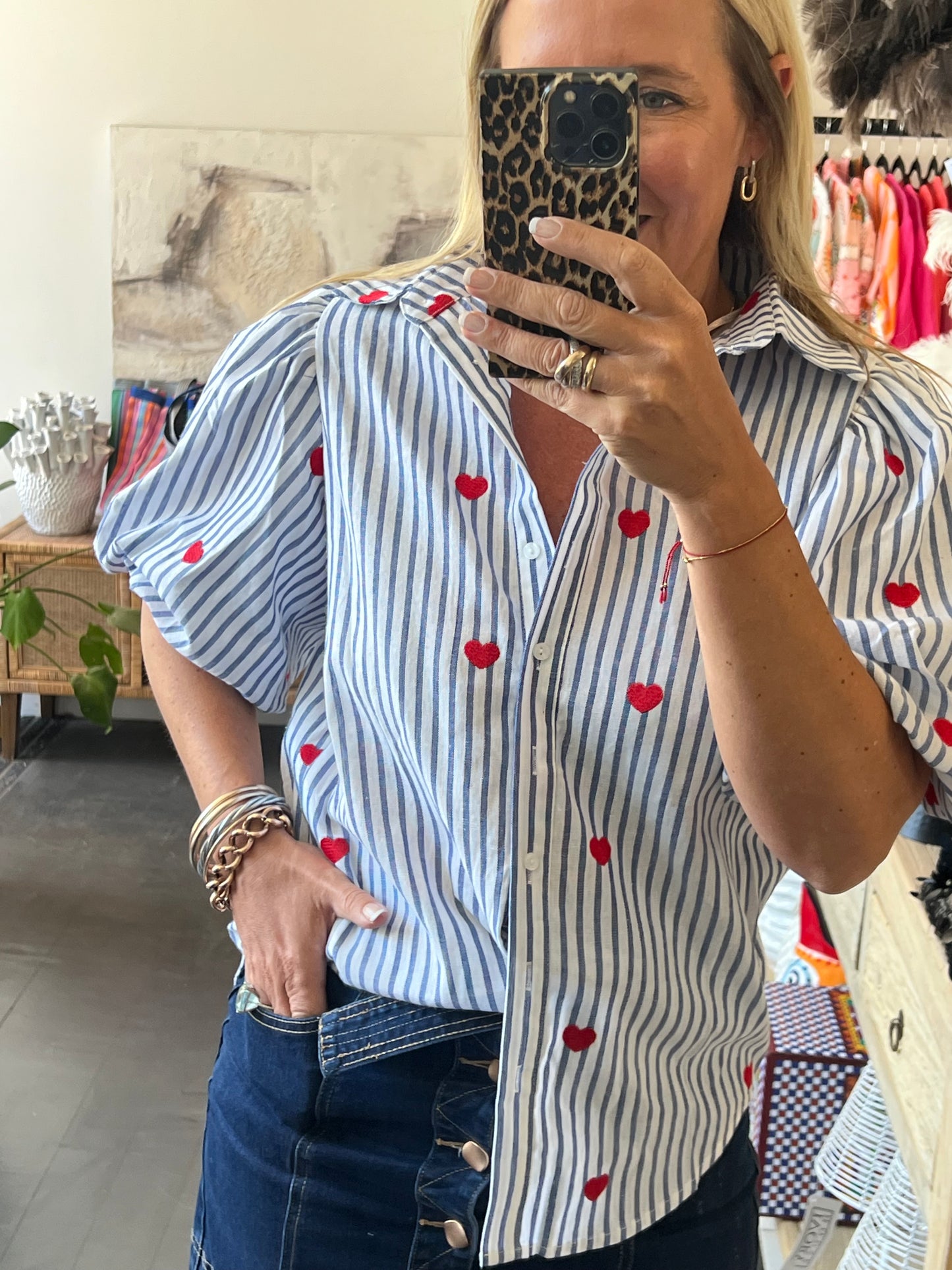 Hearts Puff Sleeve Cotton Shirt Top- pink