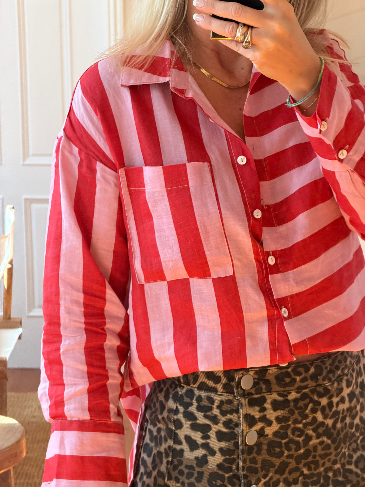 Riviera Stripe LInen Shirt - pink & red