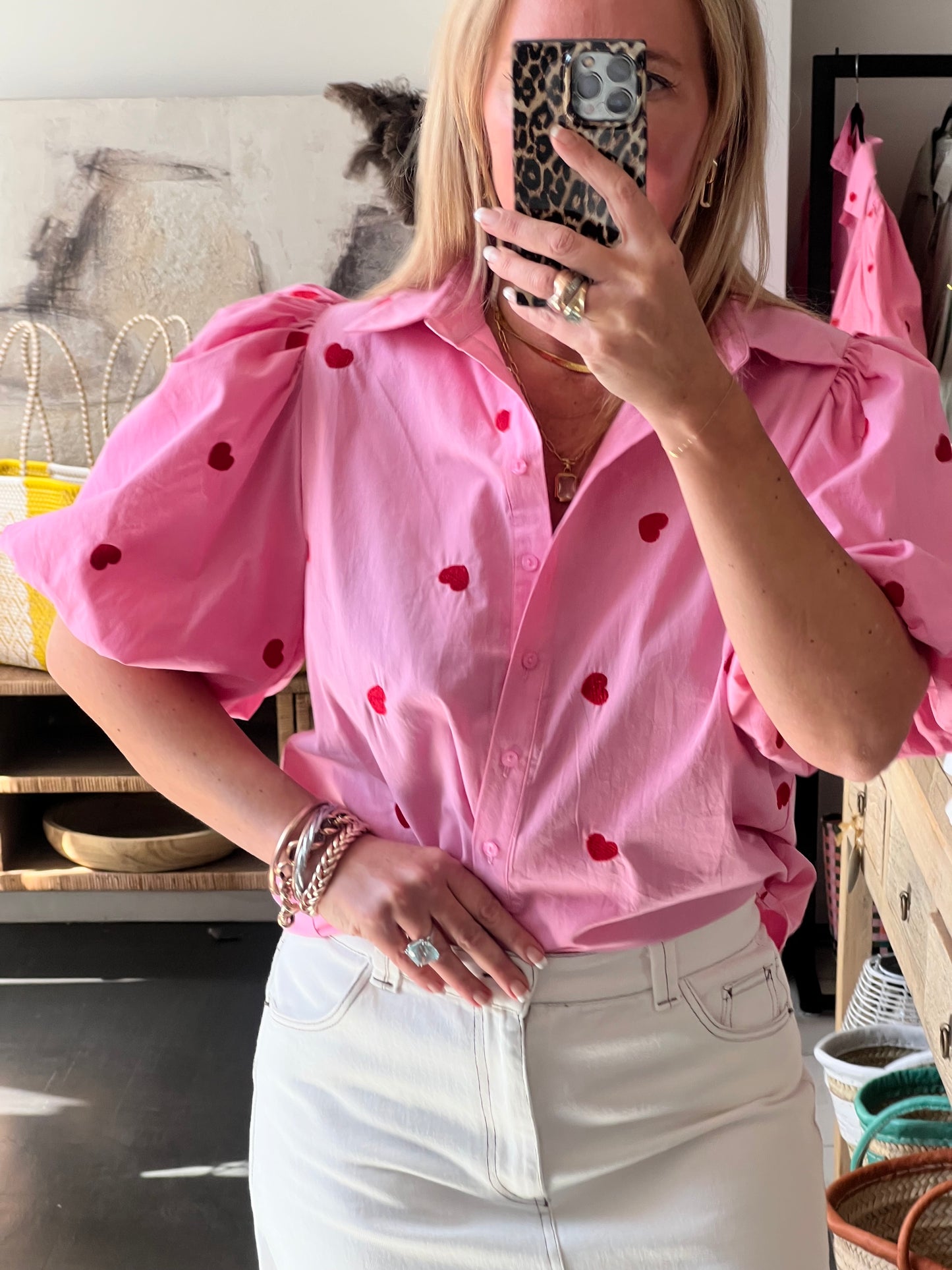 Hearts Puff Sleeve Cotton Shirt Top