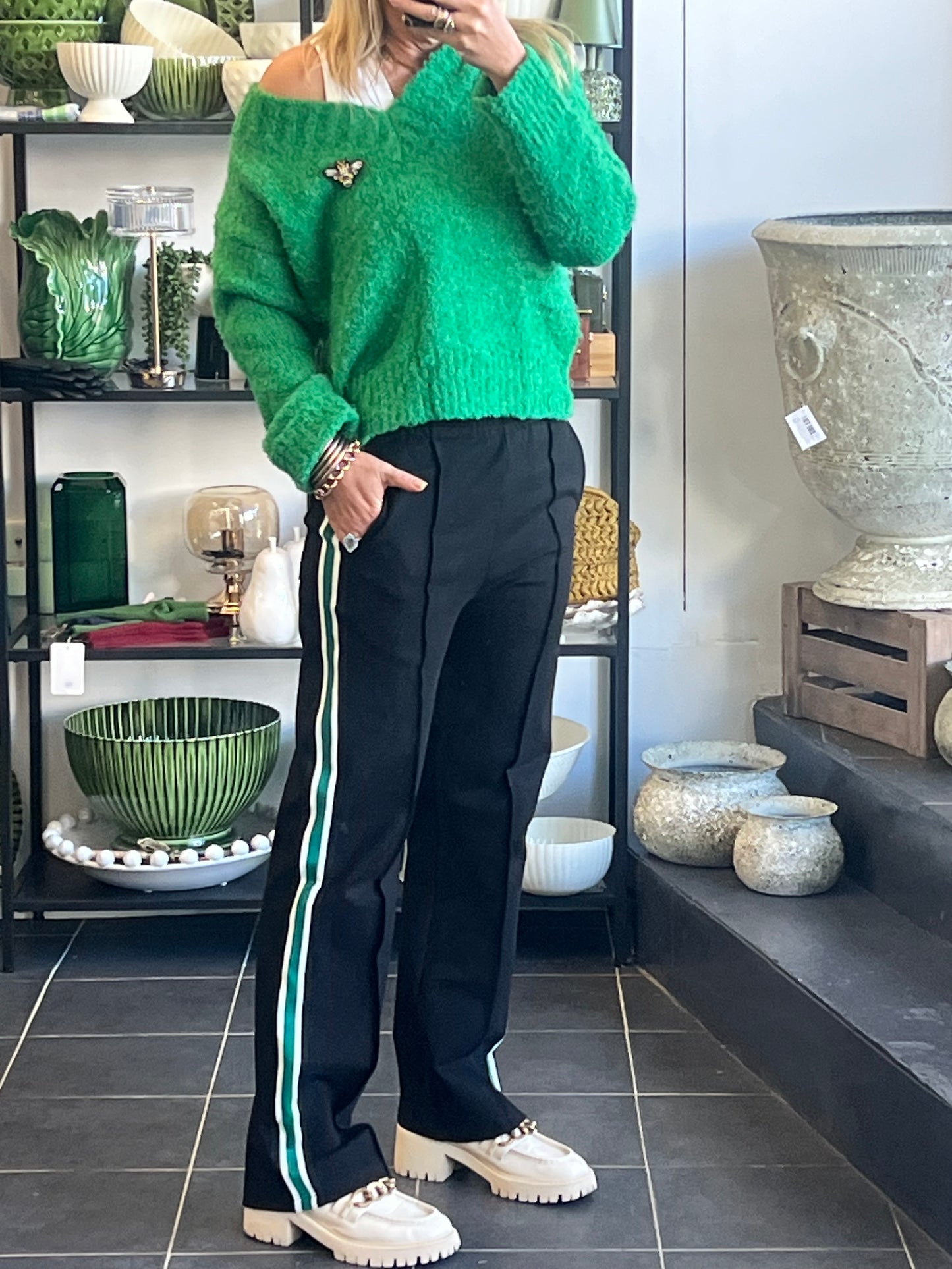 Pinstripe Ponti Pintuck Pants- green stripe