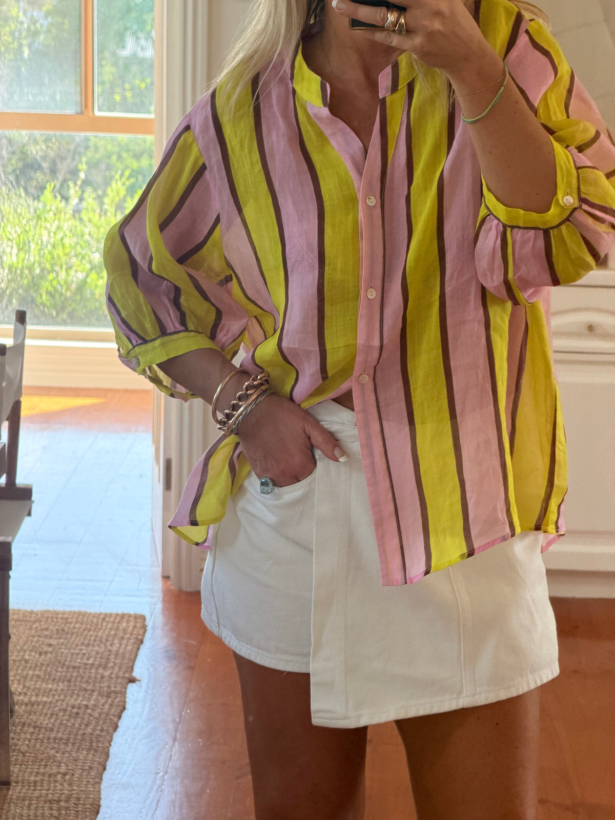 St Tropez Stripe Linen Shirt - yellow & pink