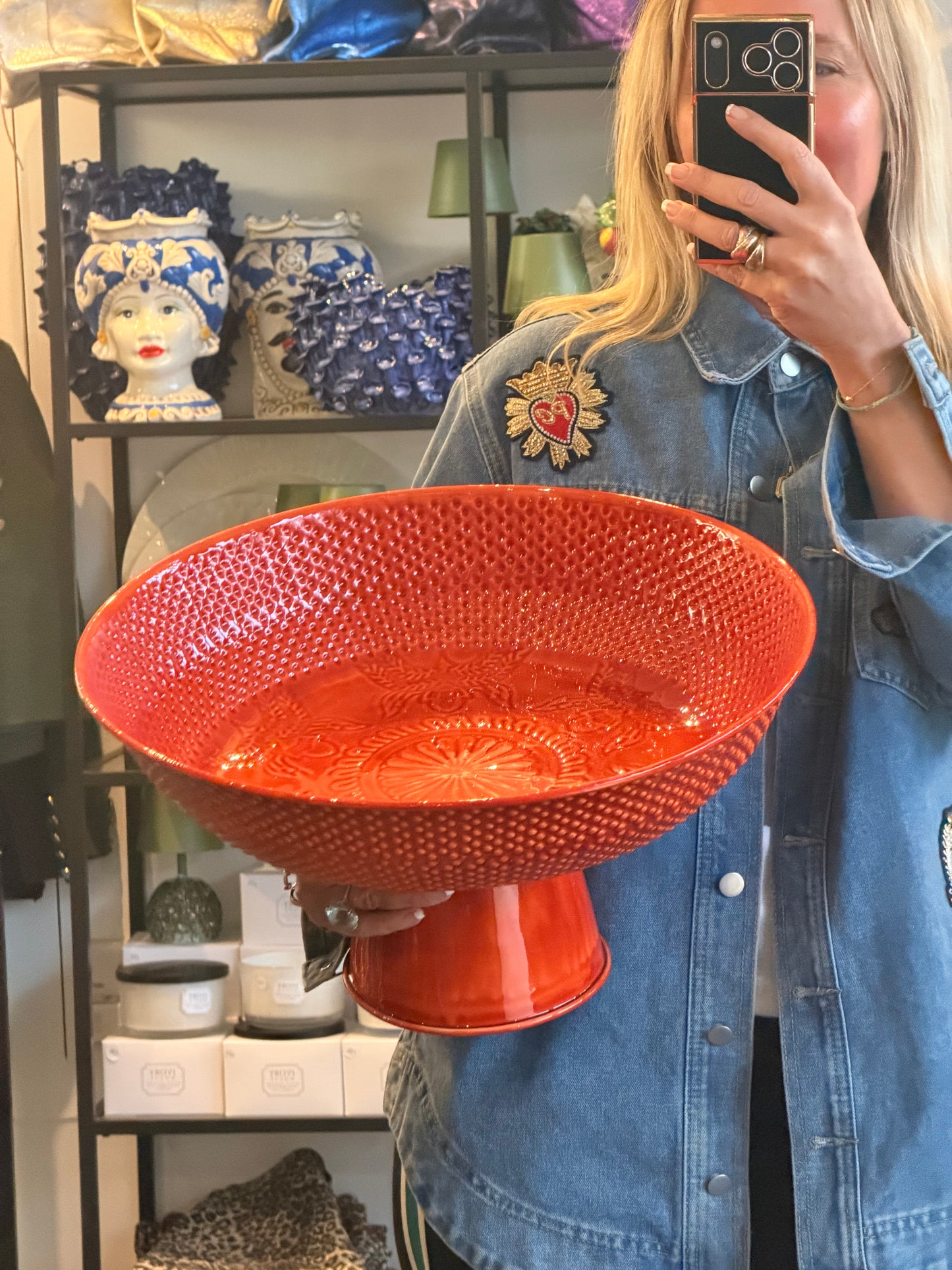 XL Footed Glazed Tin Platter- tangerine