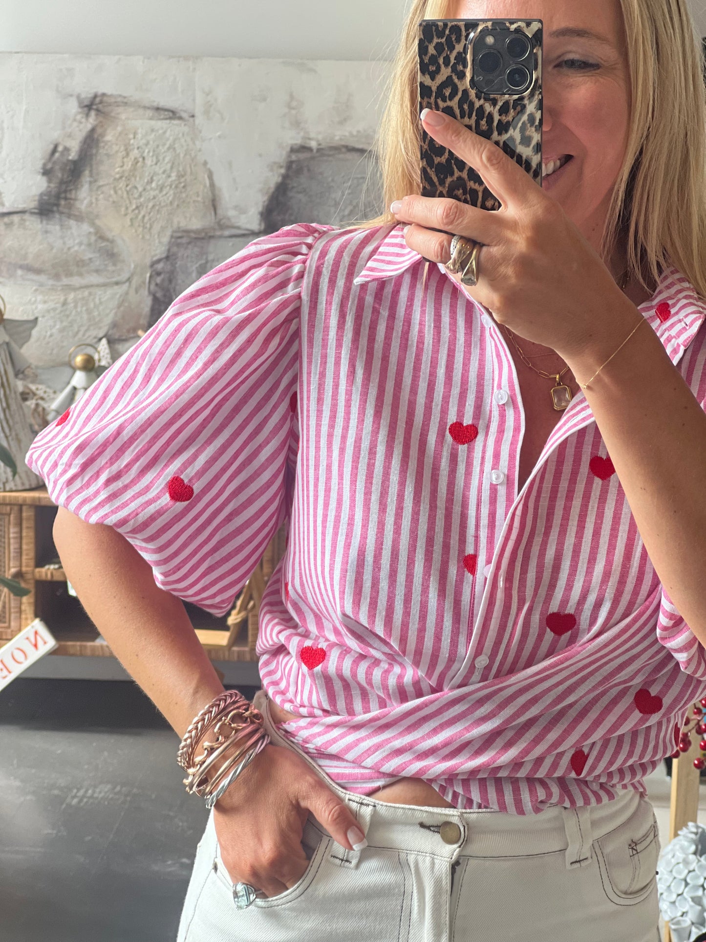 Hearts Puff Sleeve Cotton Shirt Top- pink