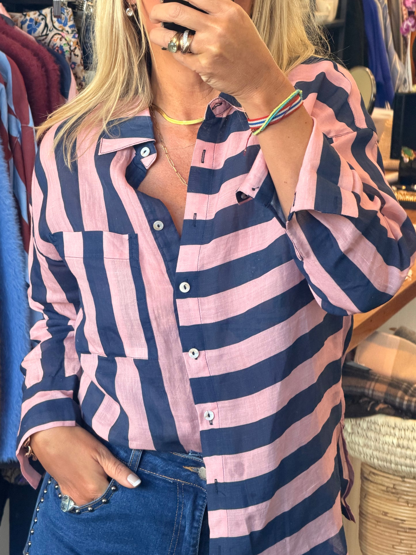 Riviera Stripe LInen Shirt - navy & pink