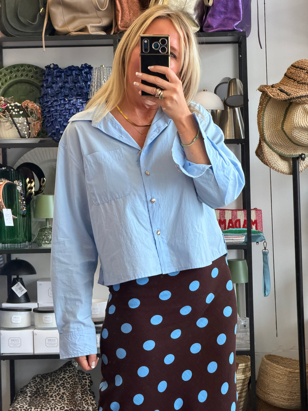 Crop Cotton Shirt Top- blue