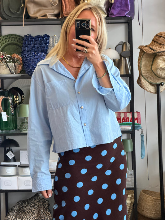 Crop Cotton Shirt Top- blue
