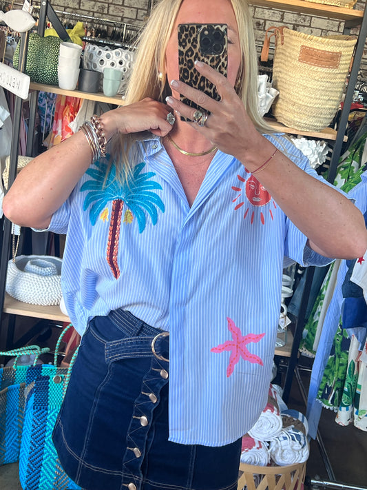 Embroidered Palm Shirt Top