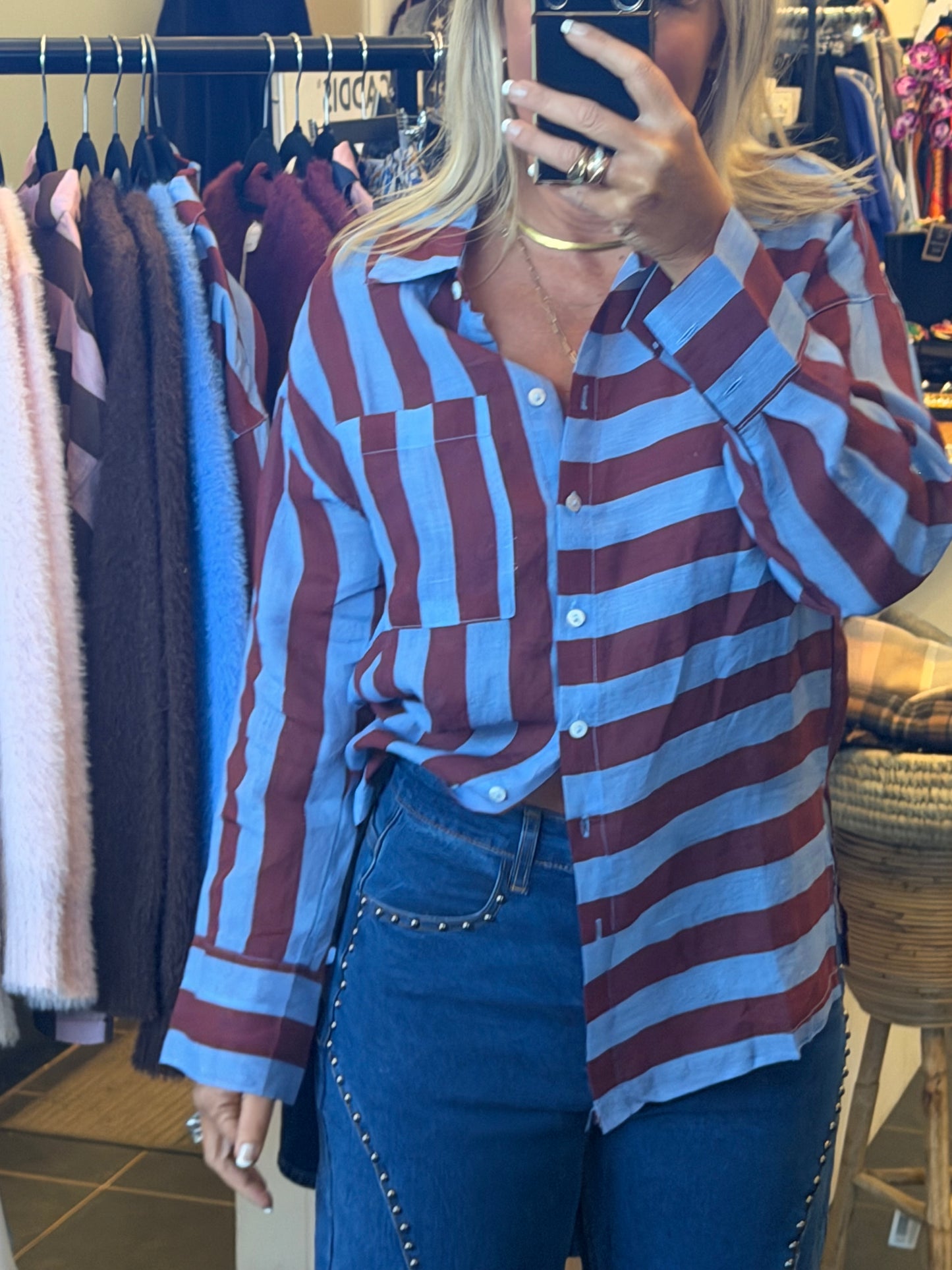 Riviera Stripe LInen Shirt - blue & berry