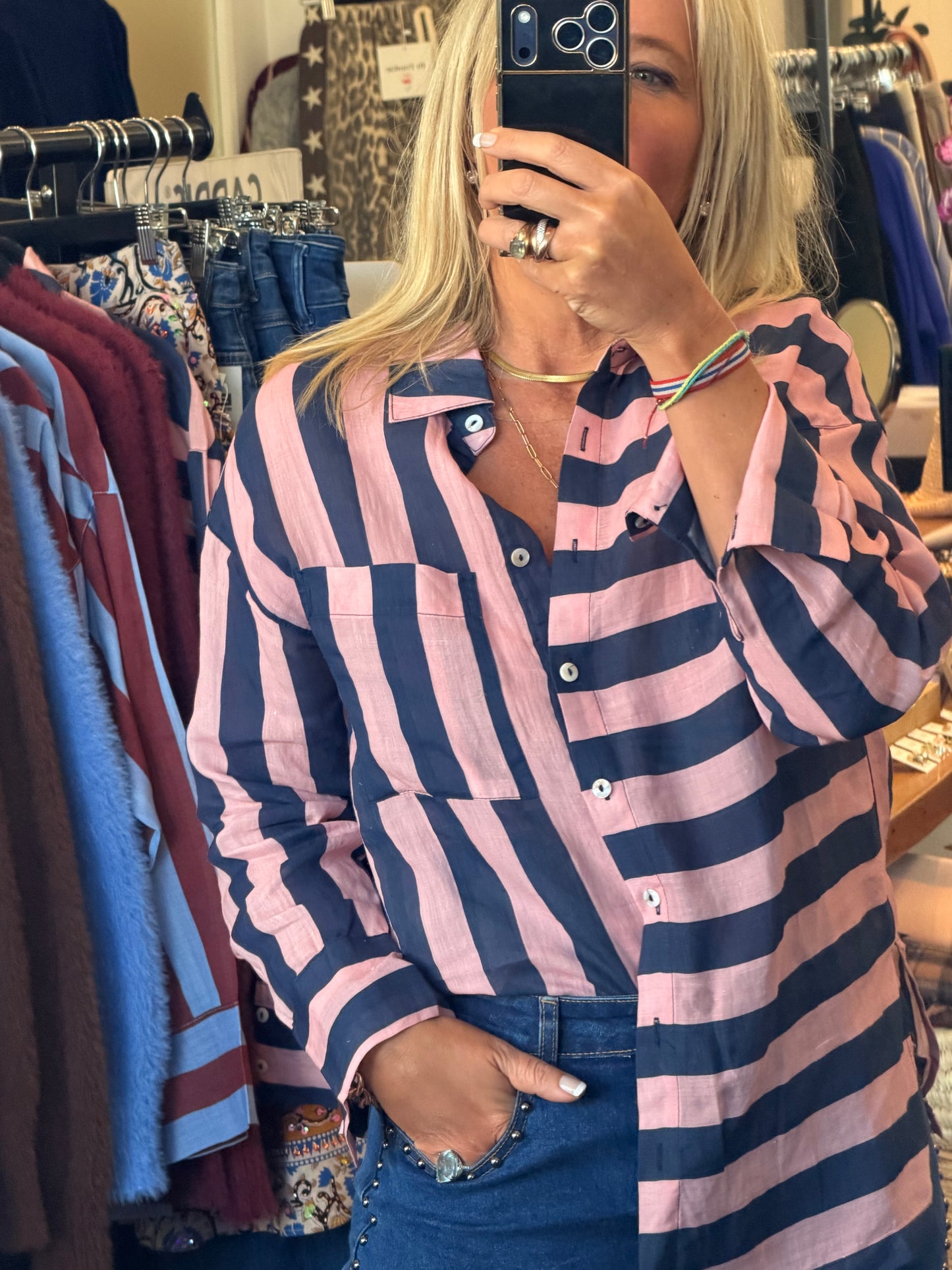 Riviera Stripe LInen Shirt - navy & pink
