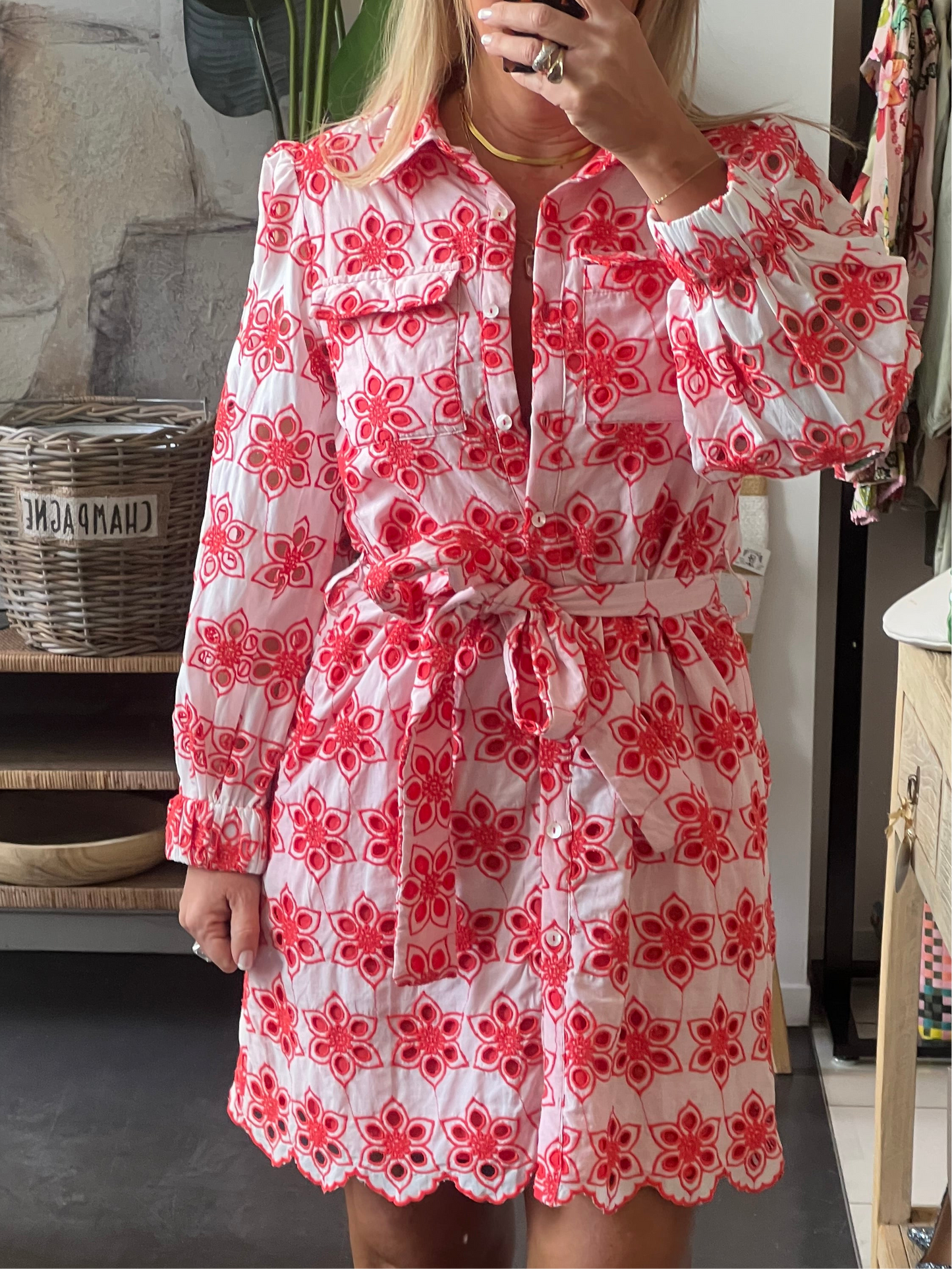 Broderie Anglaise Shirt Dress- red