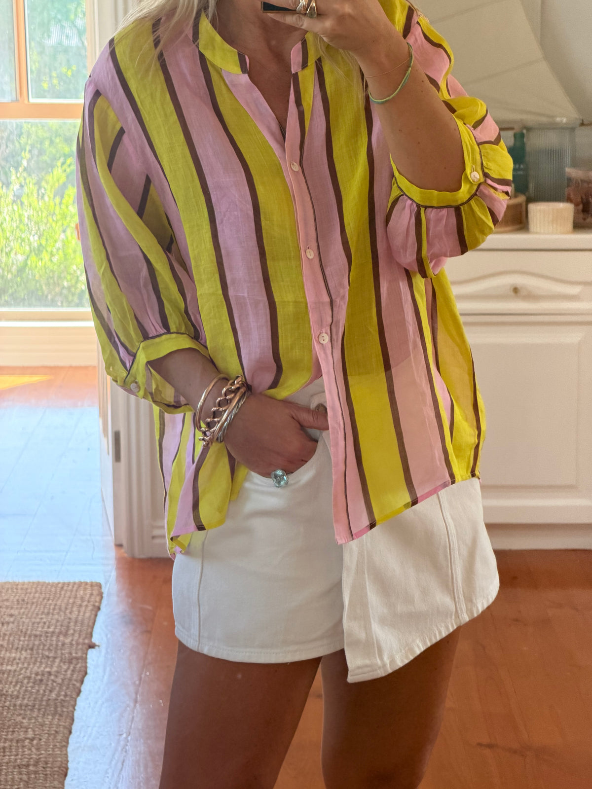 St Tropez Stripe Linen Shirt - yellow & pink
