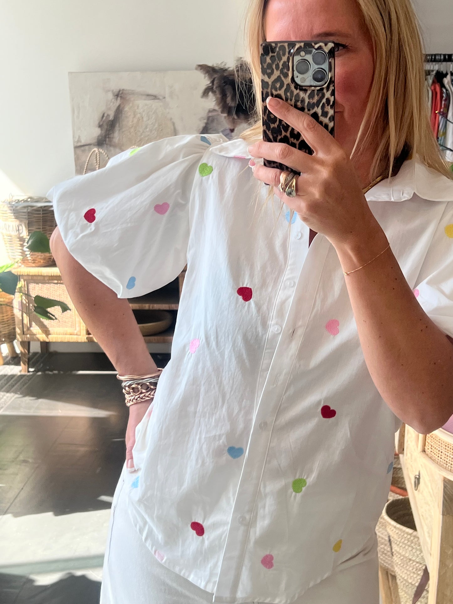 Hearts Puff Sleeve Cotton Shirt Top- white