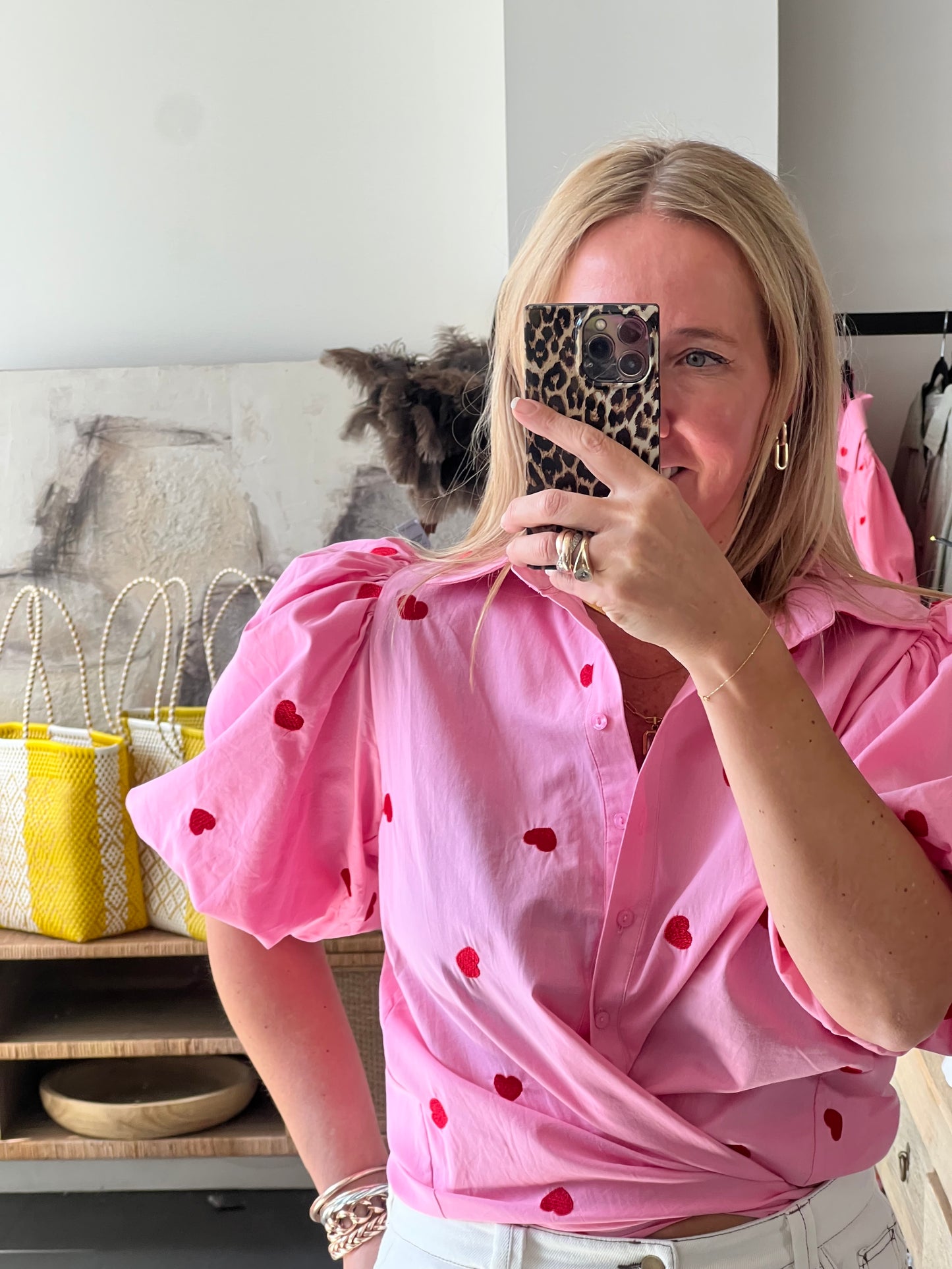 Hearts Puff Sleeve Cotton Shirt Top