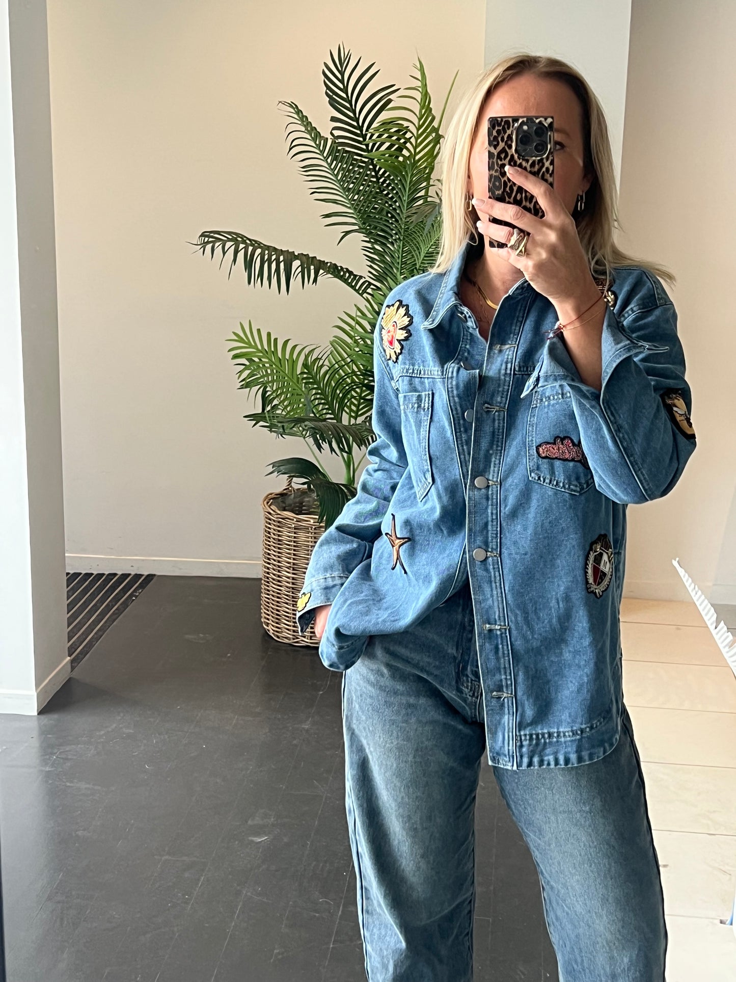 Denim French Bee Appliqué Patch Shirt Jacket