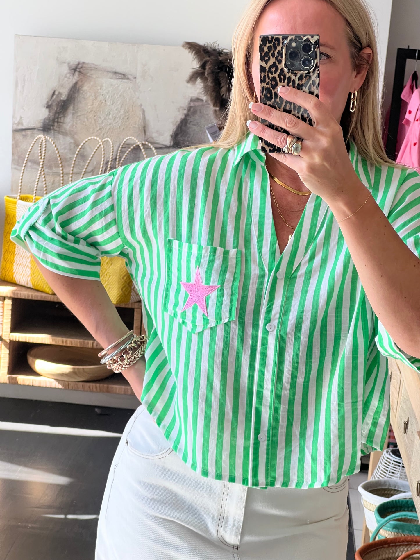 Crop Cotton Shirt Top- green