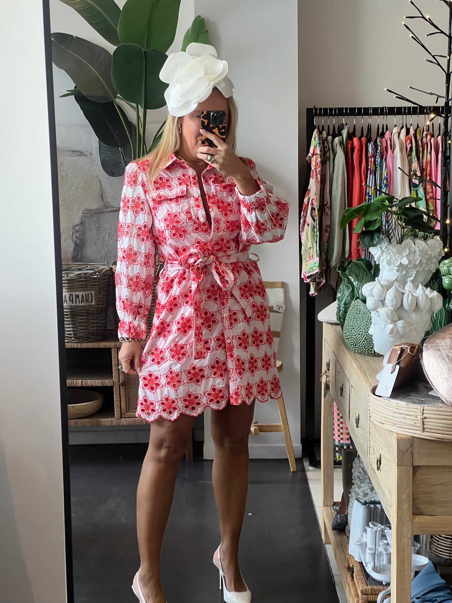 Broderie Anglaise Shirt Dress- red