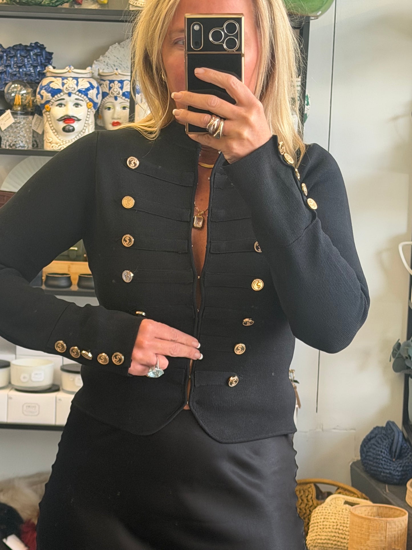 Crepe Knit Military Jacket-  black