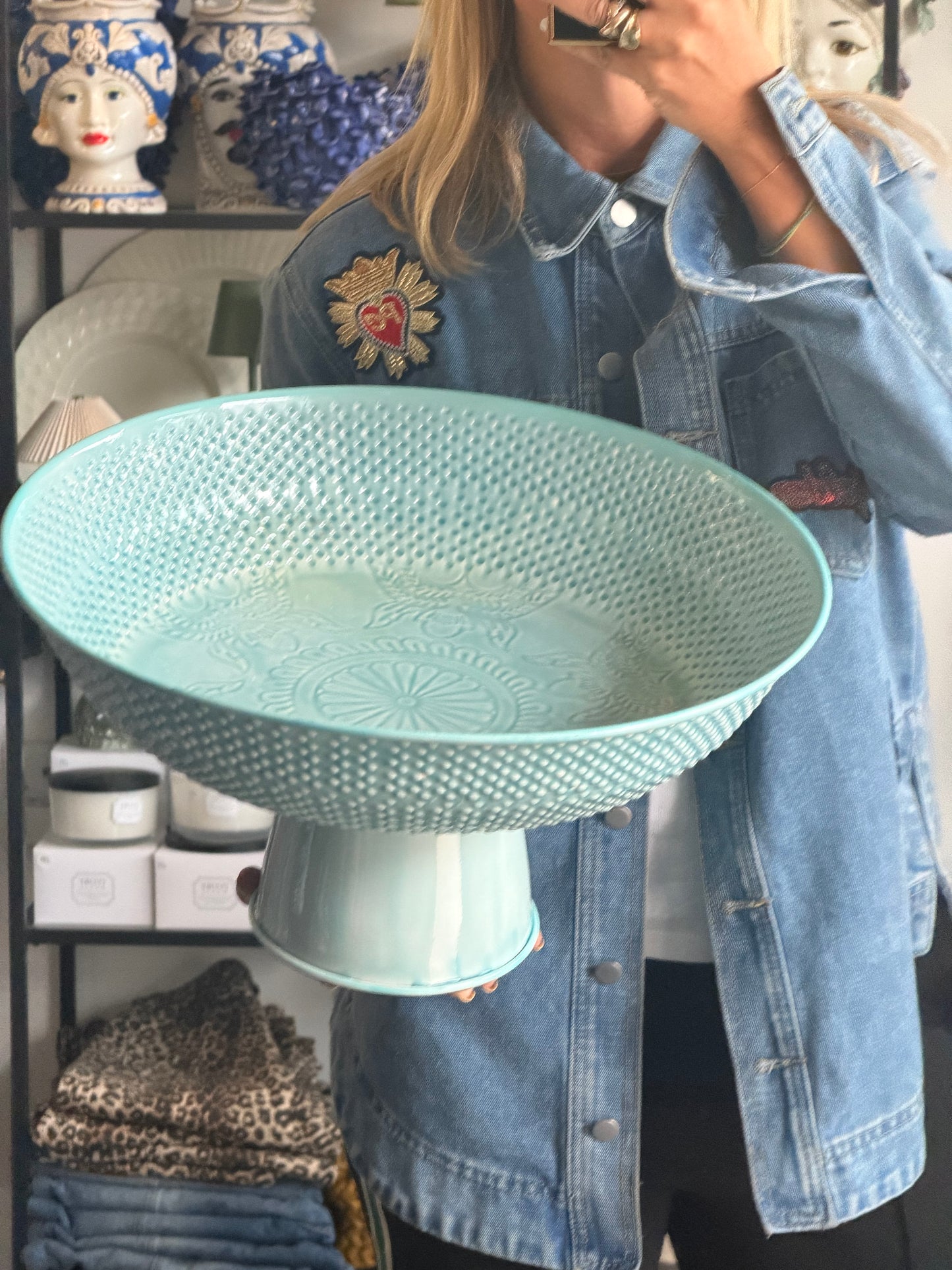 XL Footed Glazed Tin Platter- blue