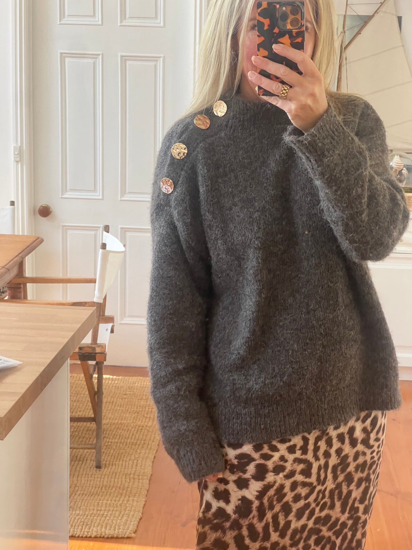 Gold Button Neck Jumper - chocolate brown