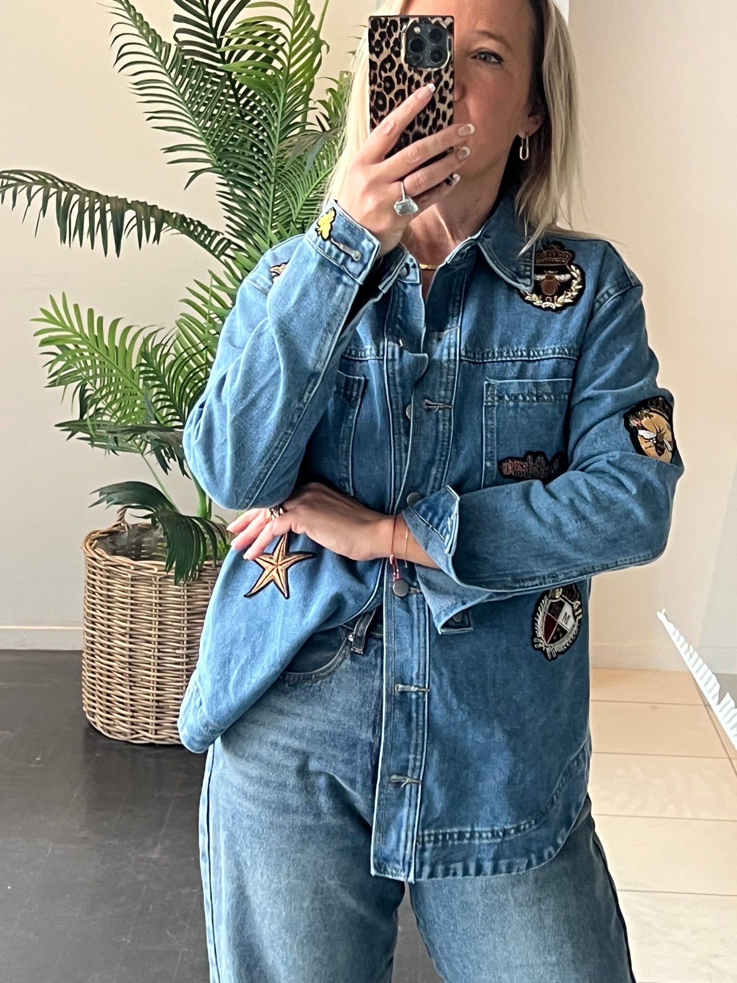 Denim French Bee Appliqué Patch Shirt Jacket
