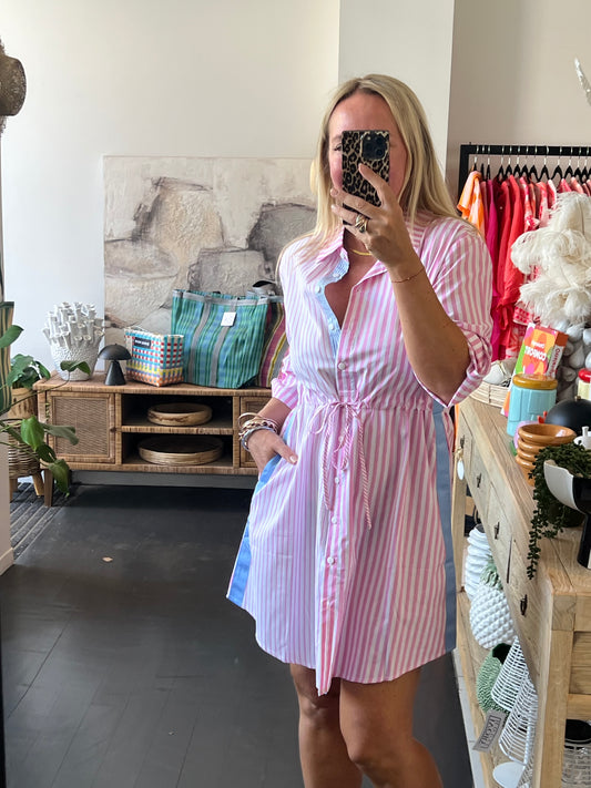 Pink & White Stripe Cotton Shirt Dress
