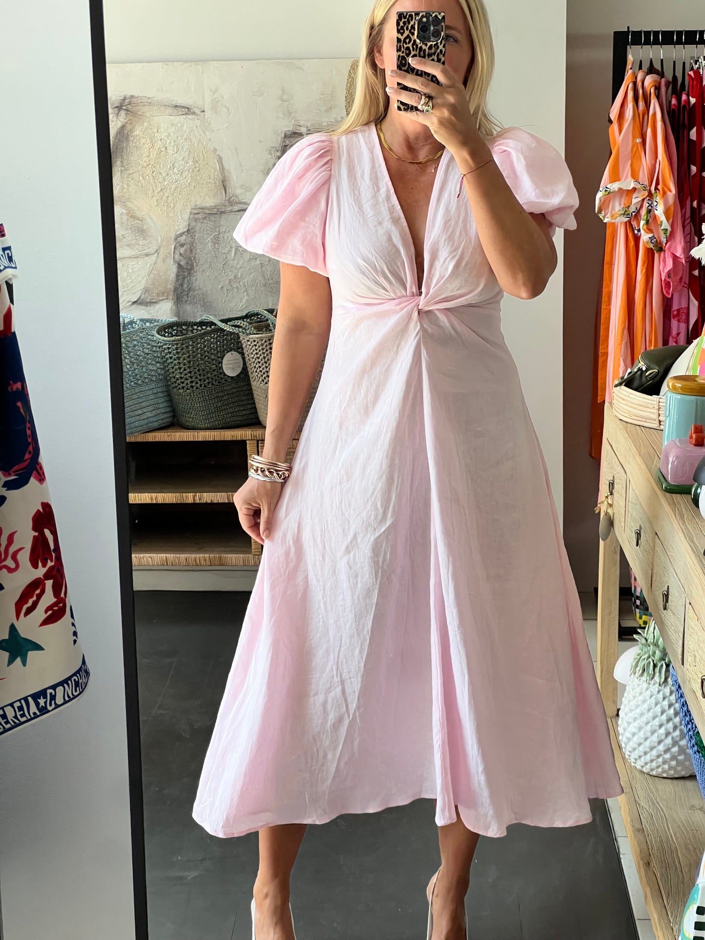 Puff Sleeve Midi Dress -pink