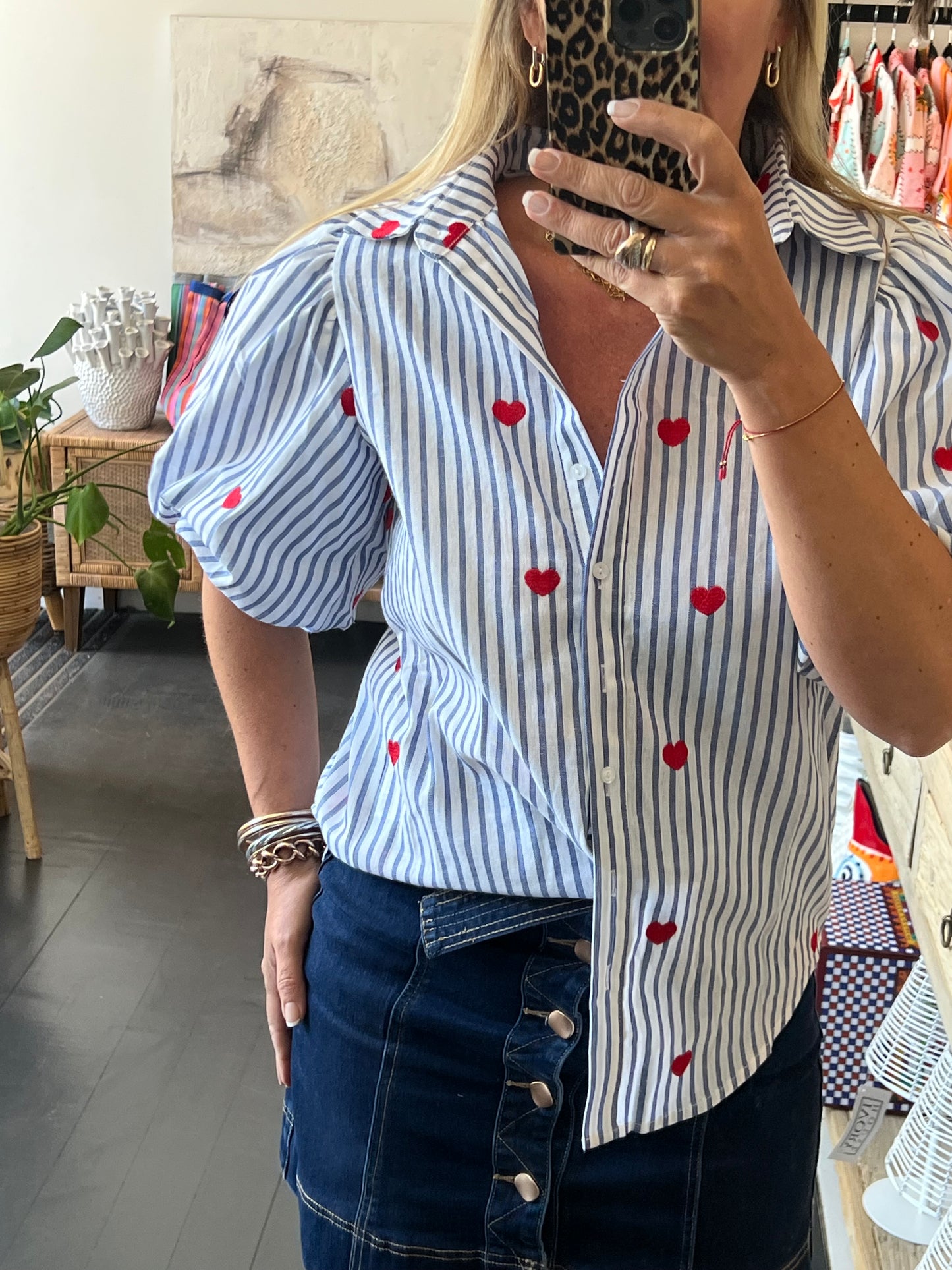 Hearts Puff Sleeve Cotton Shirt Top- pink