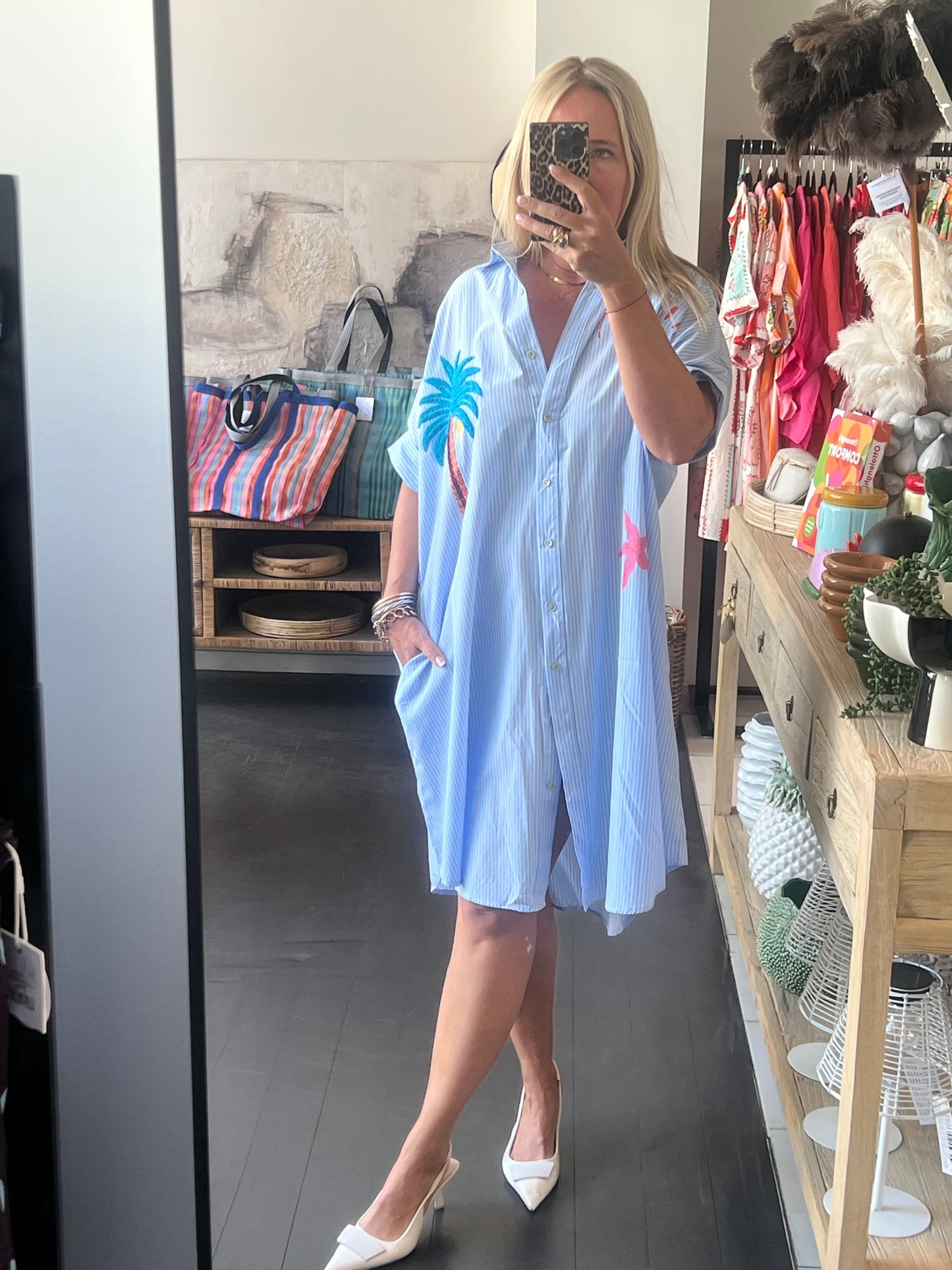 Embroidered Palm Shirt Dress